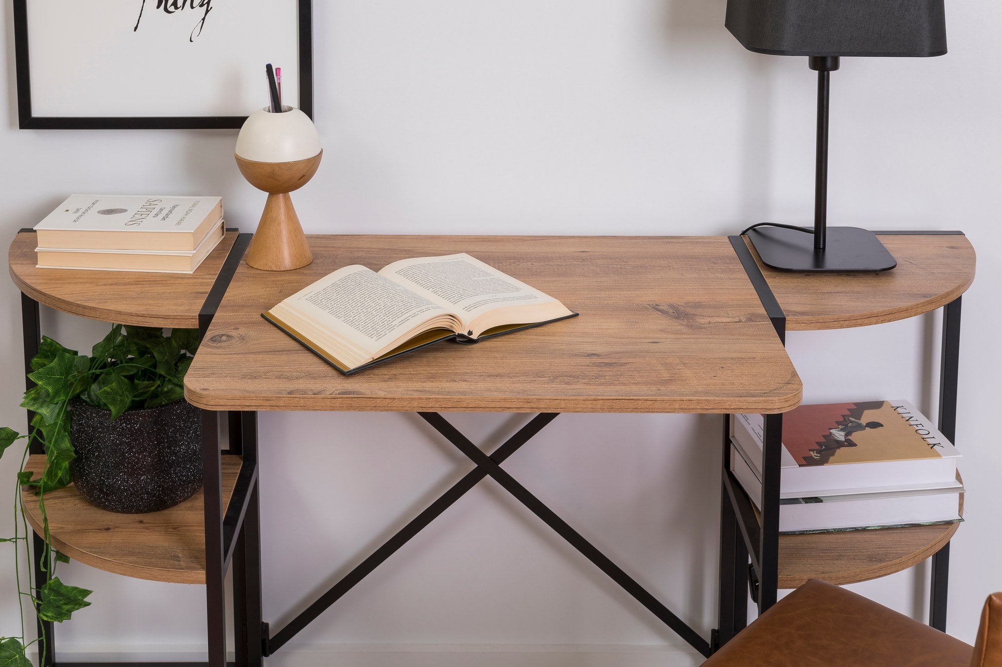 Secretária de Estudo/Escritório Elegante, Pinho Atlântico e Preto, 138 x 75 x 34 cm | Painel de Partículas 100% Revestido em Melamina, 18 mm de Espessura, Estrutura de Metal Resistente | Ideal para Escritório em Casa e Estudo