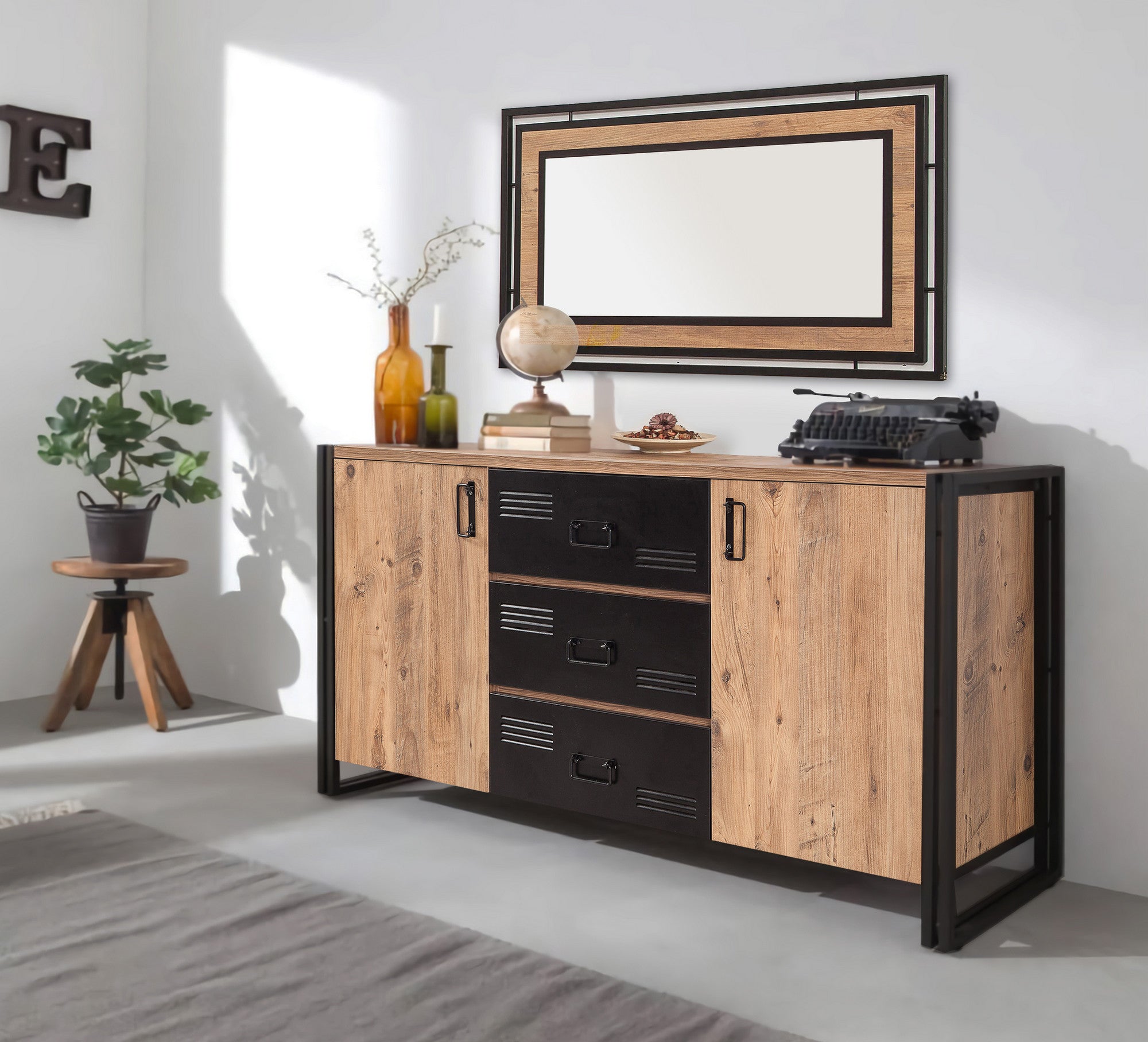 Aparador Industrial – 160 x 80 x 45 cm – Pinho Atlântico e Preto – Melamina e Metal