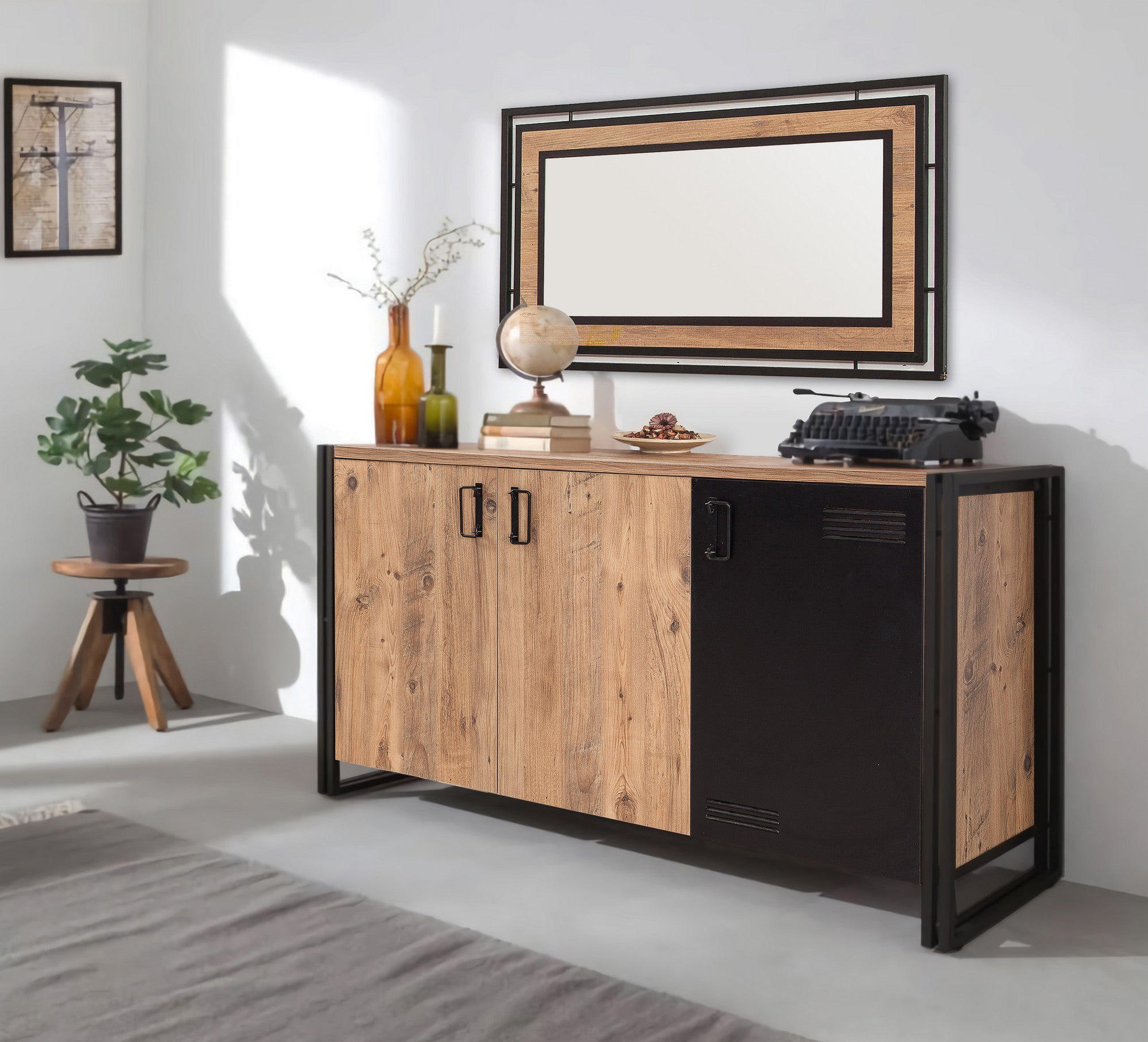 Aparador Industrial, Pinho Atlântico e Preto, 140 x 80 x 45 cm | Revestimento 100% Melamina, Estrutura e Puxadores em Metal | Montável na Parede, Solução de Armazenamento Elegante