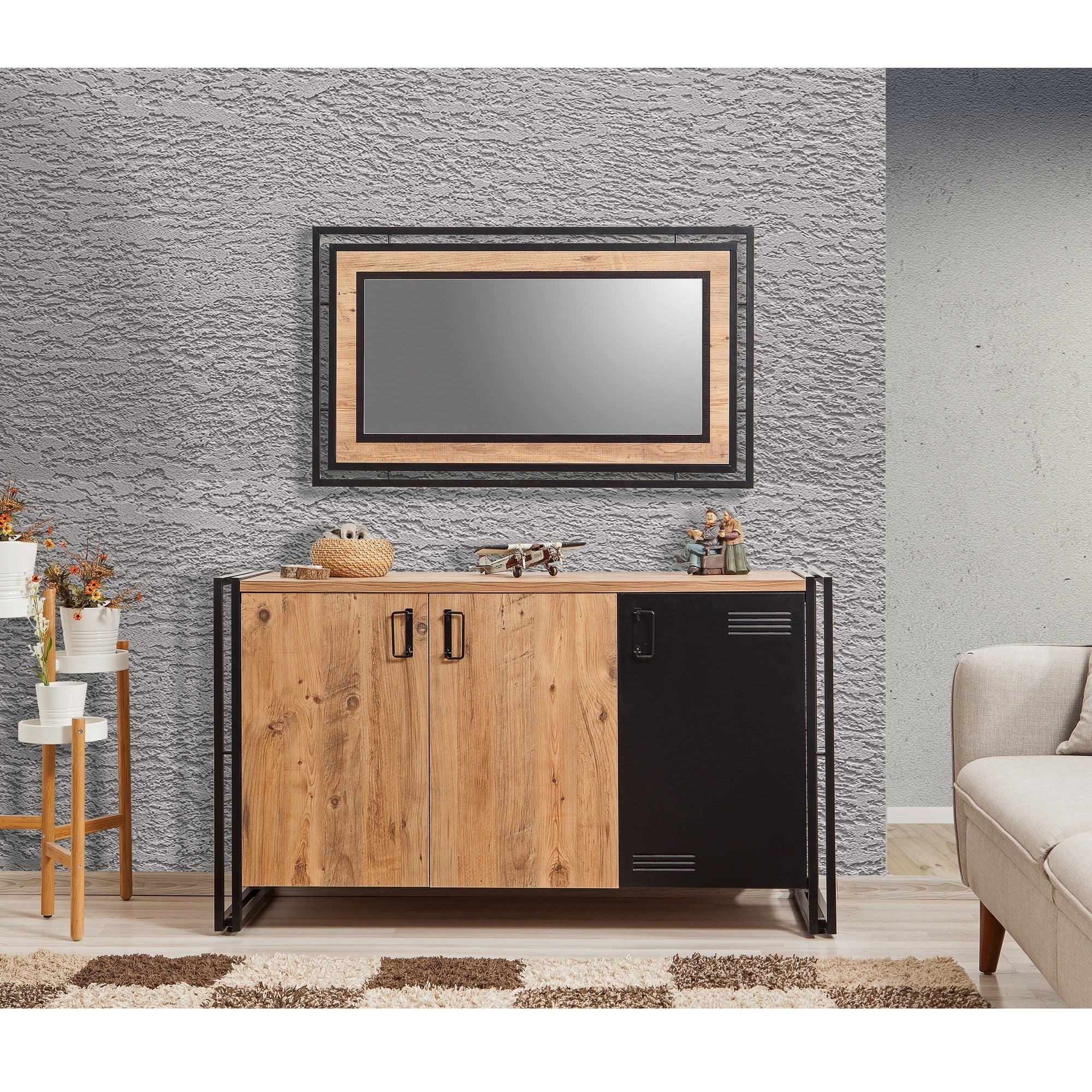 Aparador Industrial, Pinho Atlântico e Preto, 140 x 80 x 45 cm | Revestimento 100% Melamina, Estrutura e Puxadores em Metal | Montável na Parede, Solução de Armazenamento Elegante