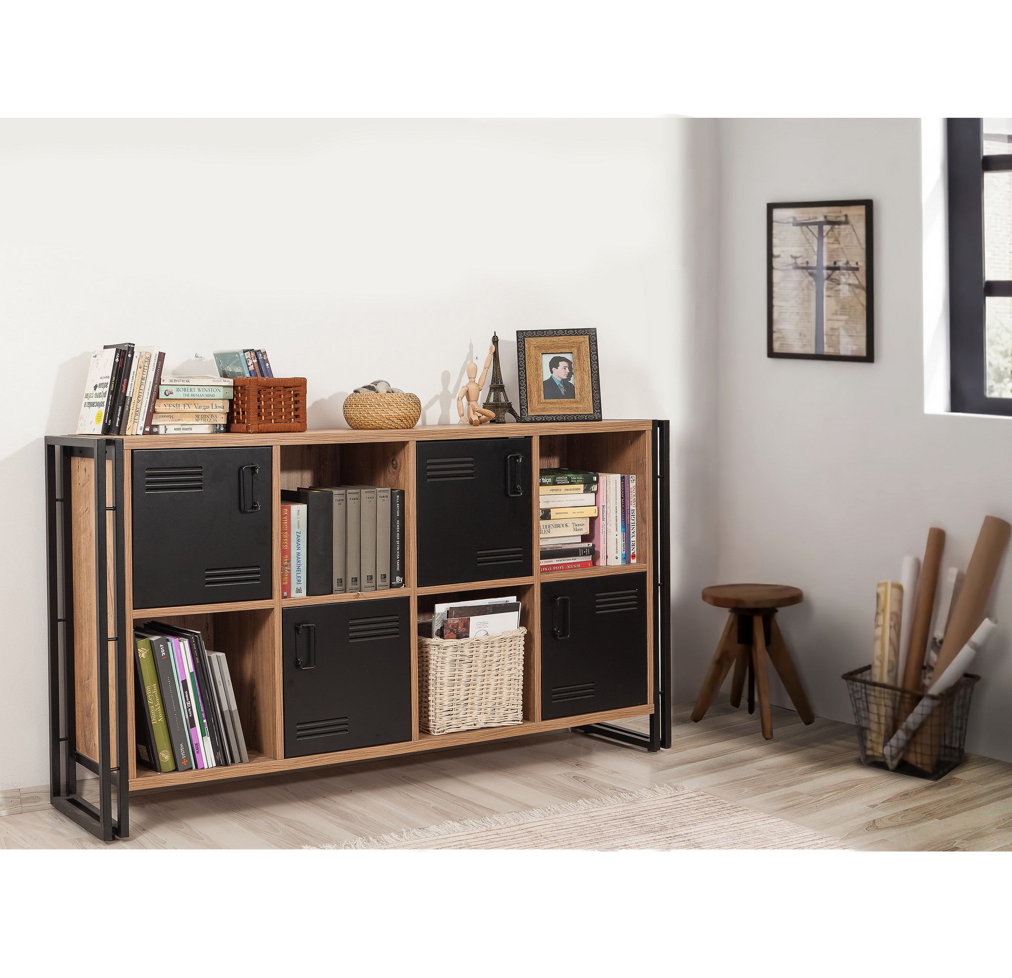 Aparador Industrial, Pinho Atlântico e Preto, 164 x 89 x 35 cm | Revestimento 100% Melamina, Estrutura e Portas de Metal | Montável na Parede, Solução de Armazenamento Elegante