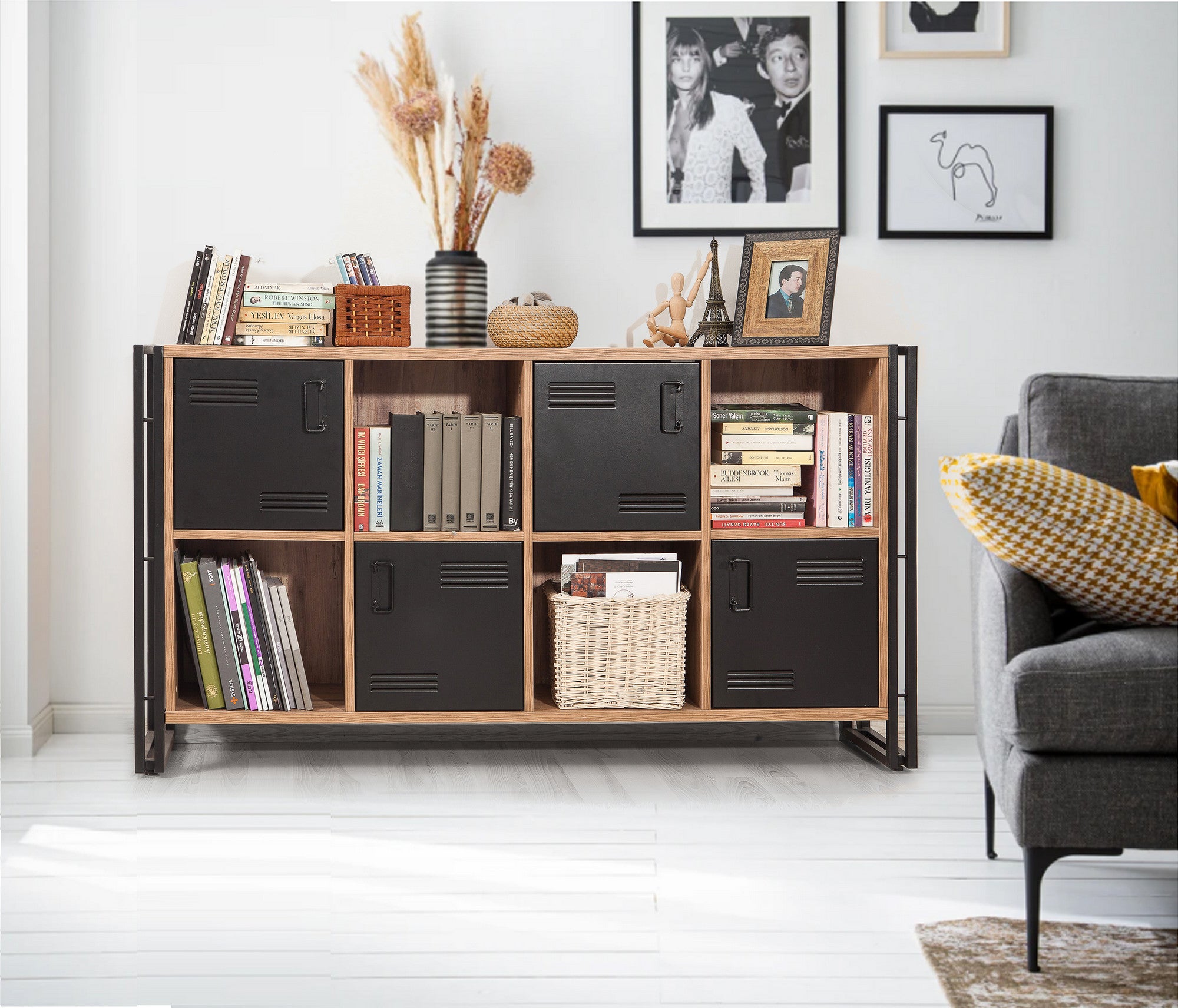 Aparador Industrial, Pinho Atlântico e Preto, 164 x 89 x 35 cm | Revestimento 100% Melamina, Estrutura e Portas de Metal | Montável na Parede, Solução de Armazenamento Elegante