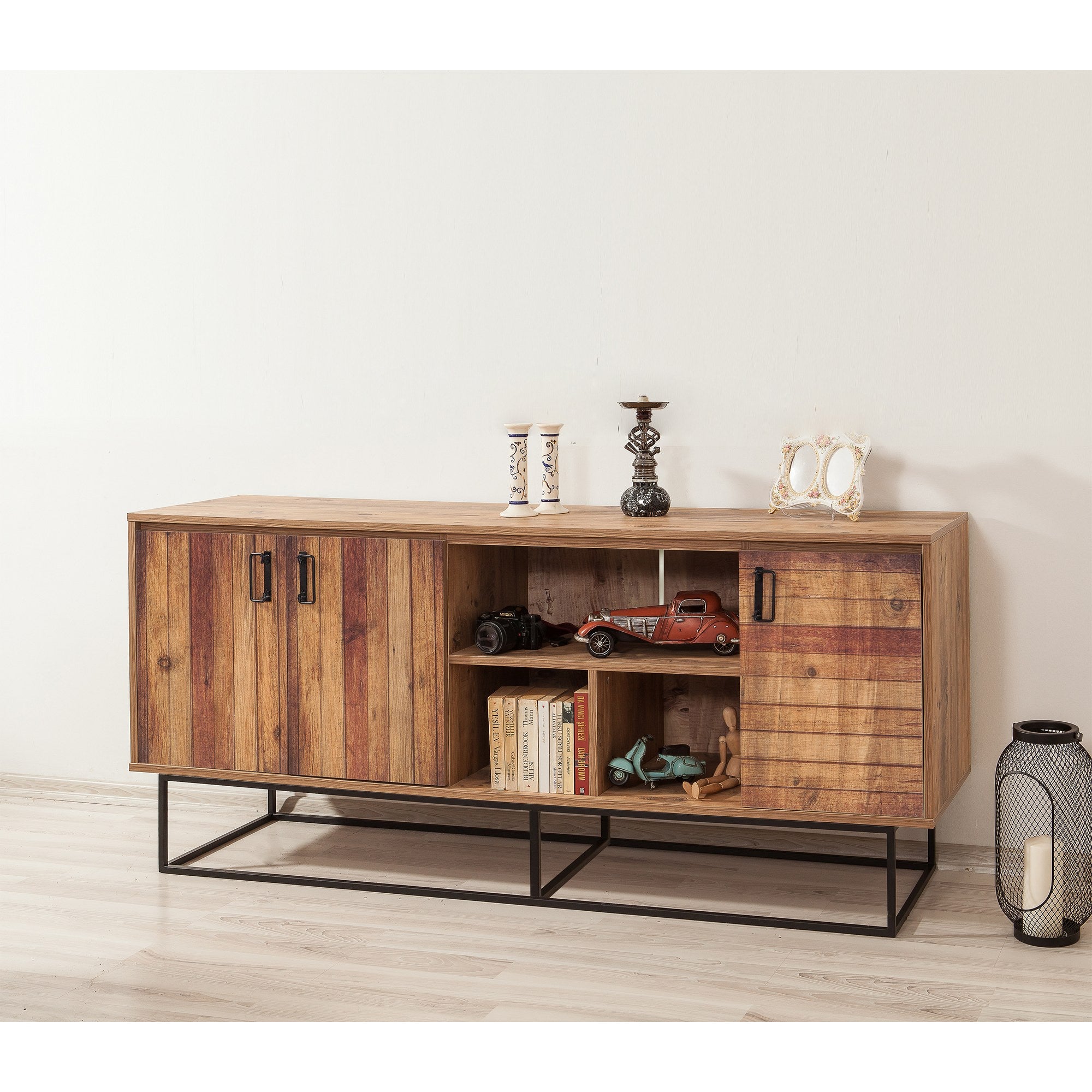 Aparador Moderno – 180 x 80 x 40 cm – Pinho Atlântico e Preto – Melamina e Metal