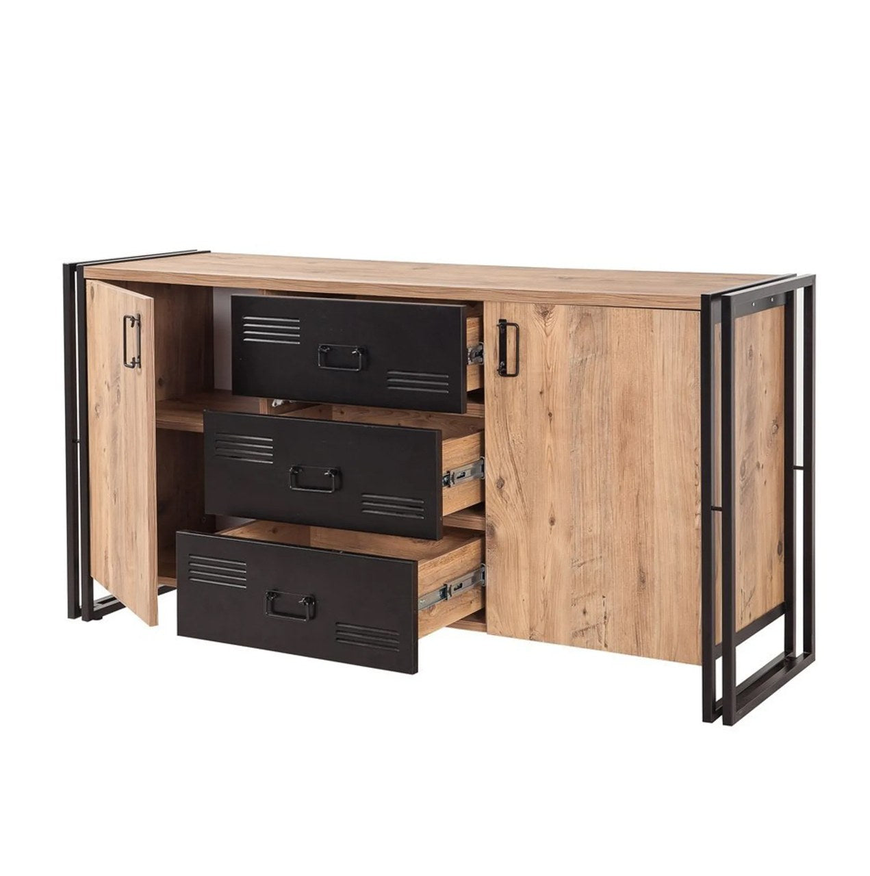 Conjunto de móveis elegantes para sala de estar, pinho atlântico e preto | Painel de partículas 100% revestido em melamina, 18 mm | Móvel de TV (130 x 45 x 50) e estante (160 x 45 x 80) | Design moderno