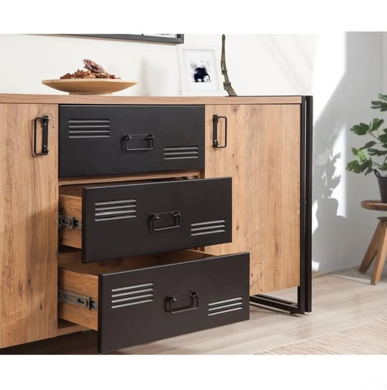 Conjunto de móveis elegantes para sala de estar, pinho atlântico e preto | Painel de partículas 100% revestido em melamina, 18 mm | Móvel de TV (130 x 45 x 50) e estante (160 x 45 x 80) | Design moderno