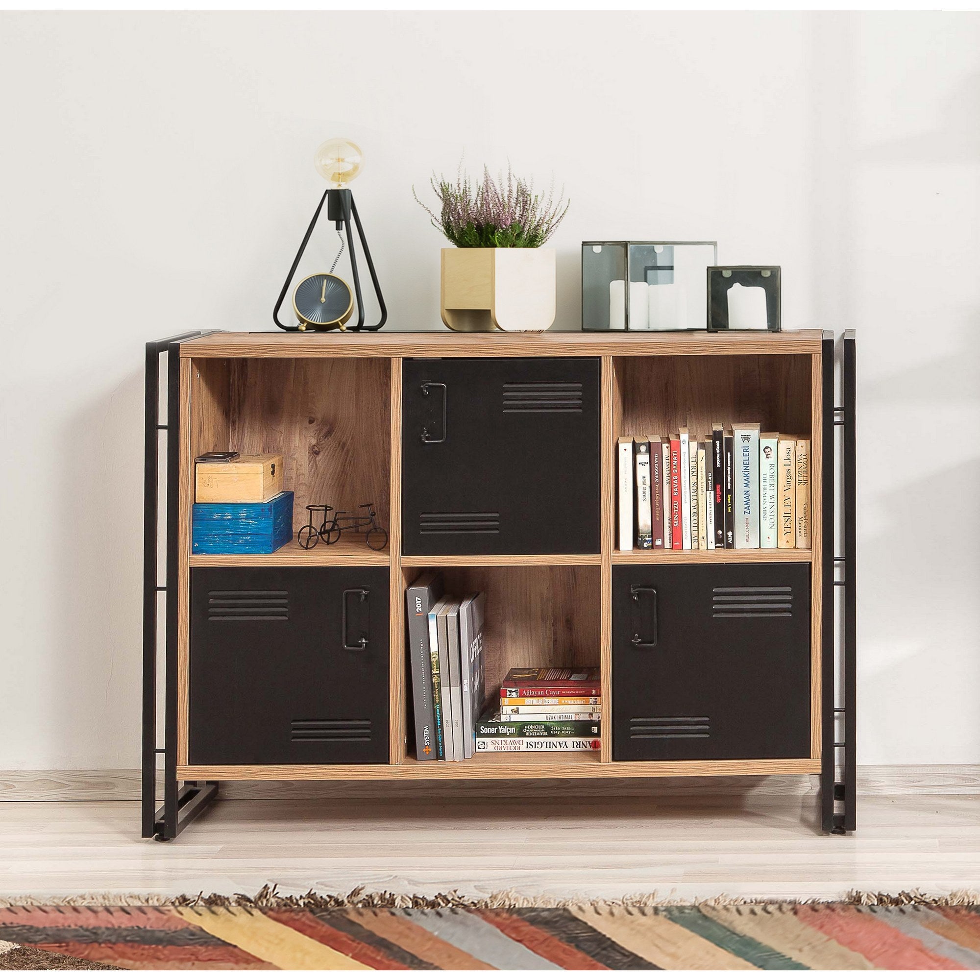 Conjunto de móveis elegantes para sala de estudo, pinho atlântico e preto, 100% revestido em melamina, 18 mm de espessura, estrutura de metal, mesa: 139 x 75 cm, perfeito para espaços modernos