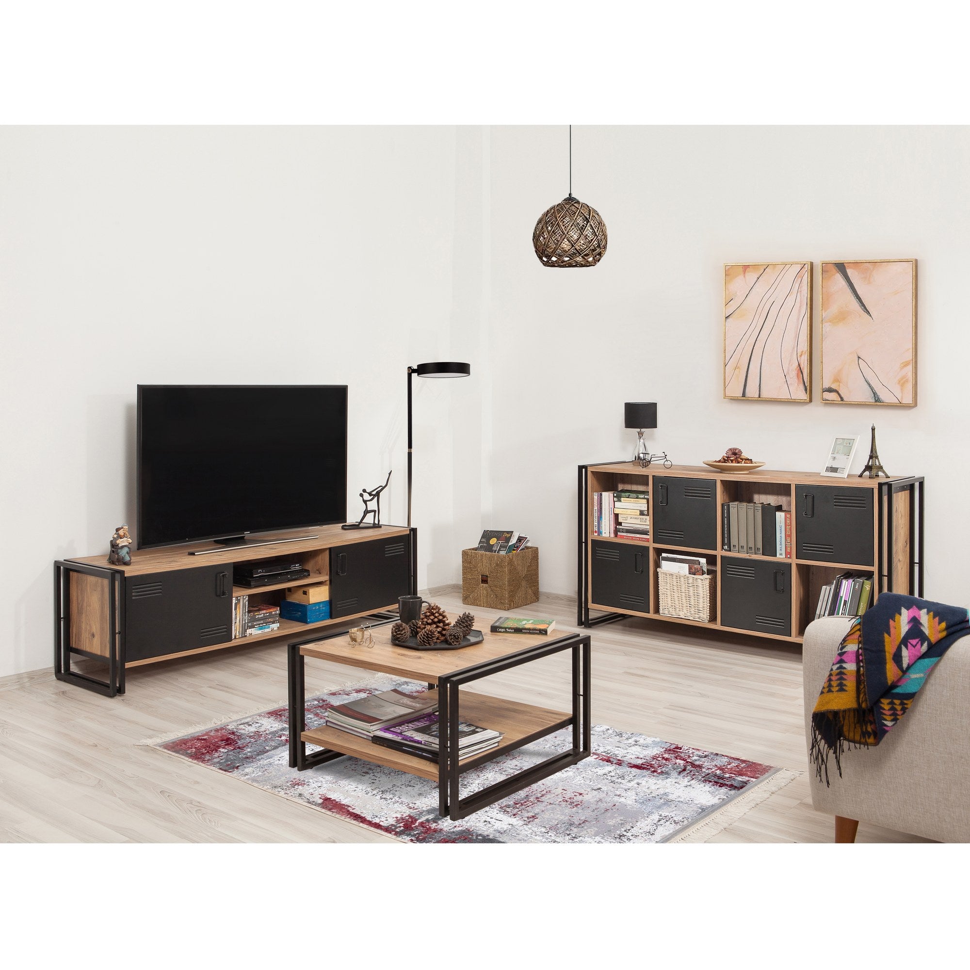 Conjunto de móveis elegantes para sala de estar, pinho atlântico e preto, 100% revestido em melamina, console 164x35x89 cm, mesa de centro 70x70x40 cm, móvel para TV 180x45x50 cm | Estrutura de metal durável