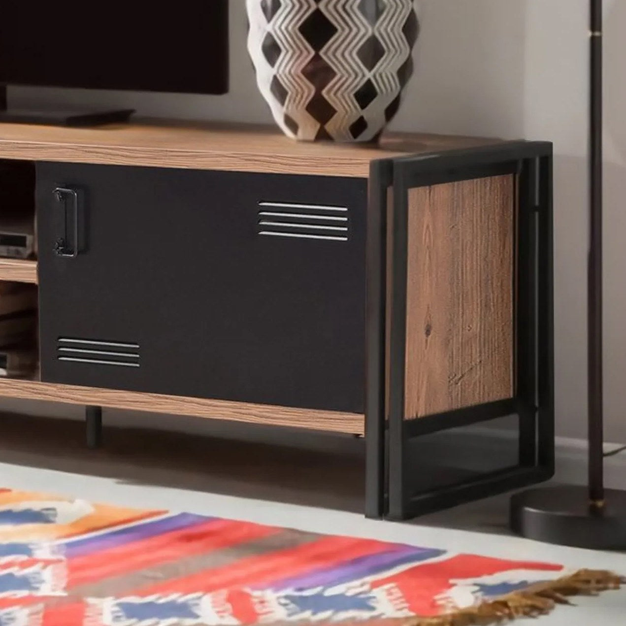 Conjunto de móveis elegantes para sala de estar, pinho atlântico e preto, 100% revestido em melamina, console 164x35x89 cm, mesa de centro 70x70x40 cm, móvel para TV 180x45x50 cm | Estrutura de metal durável