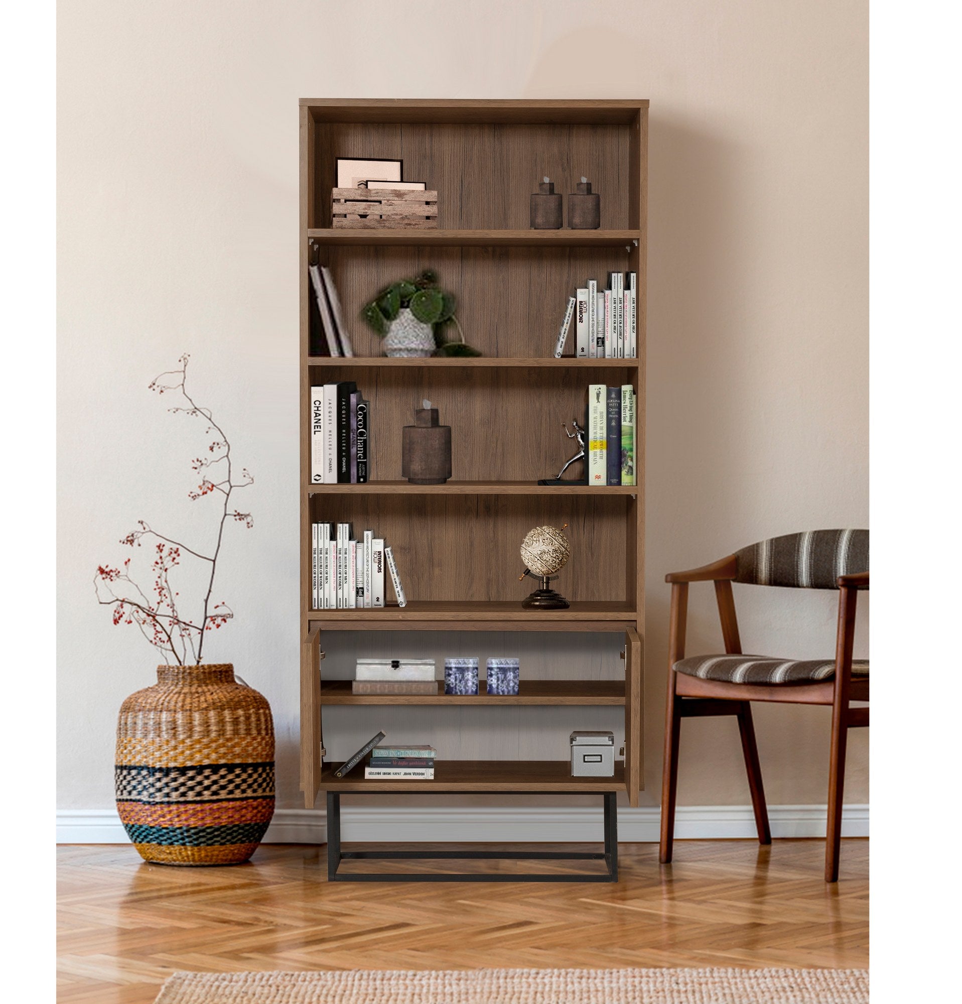 Estante Industrial Moderna – 80 x 182 x 36 cm – Nogueira e Preto – 100% Revestimento em Melamina