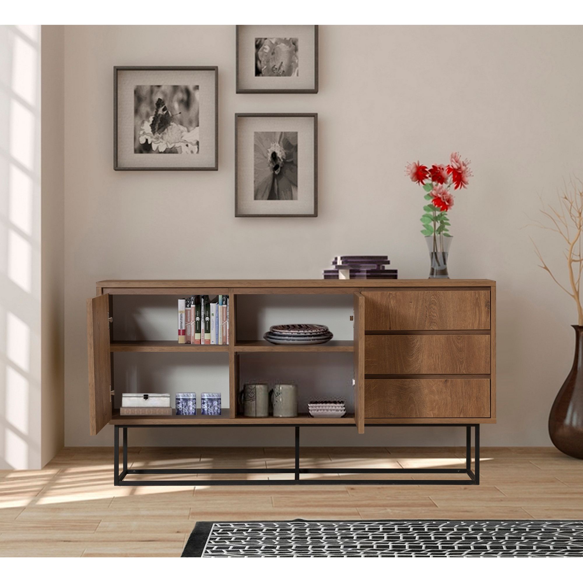 Aparador Moderno com 3 Gavetas e Prateleiras – 140 x 72 x 36 cm – Nogueira e Preto – Melamina e Metal