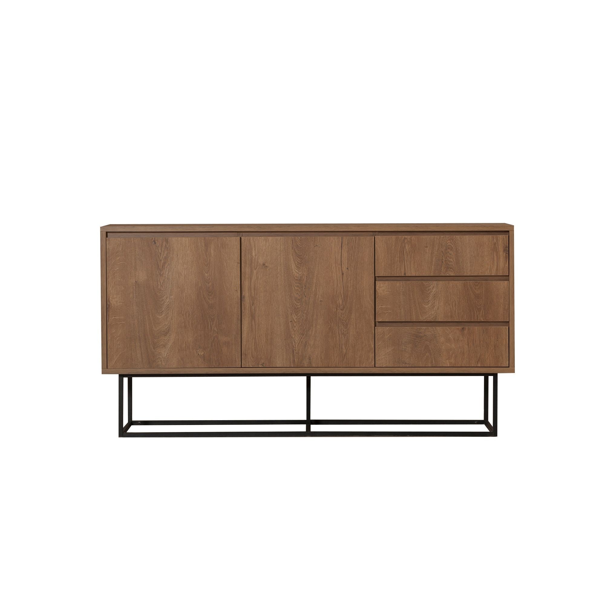 Aparador Moderno com 3 Gavetas e Prateleiras – 140 x 72 x 36 cm – Nogueira e Preto – Melamina e Metal