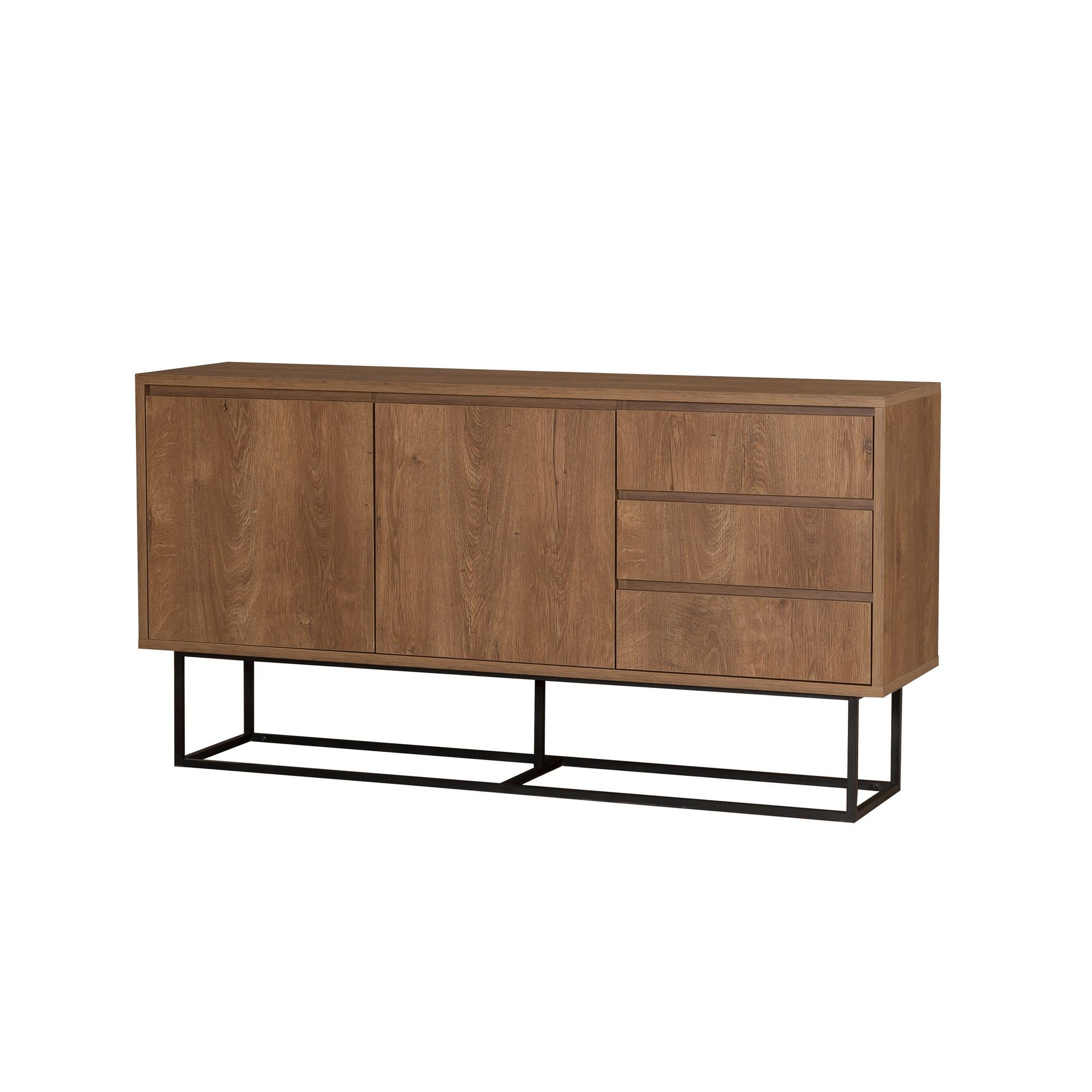 Aparador Moderno com 3 Gavetas e Prateleiras – 140 x 72 x 36 cm – Nogueira e Preto – Melamina e Metal