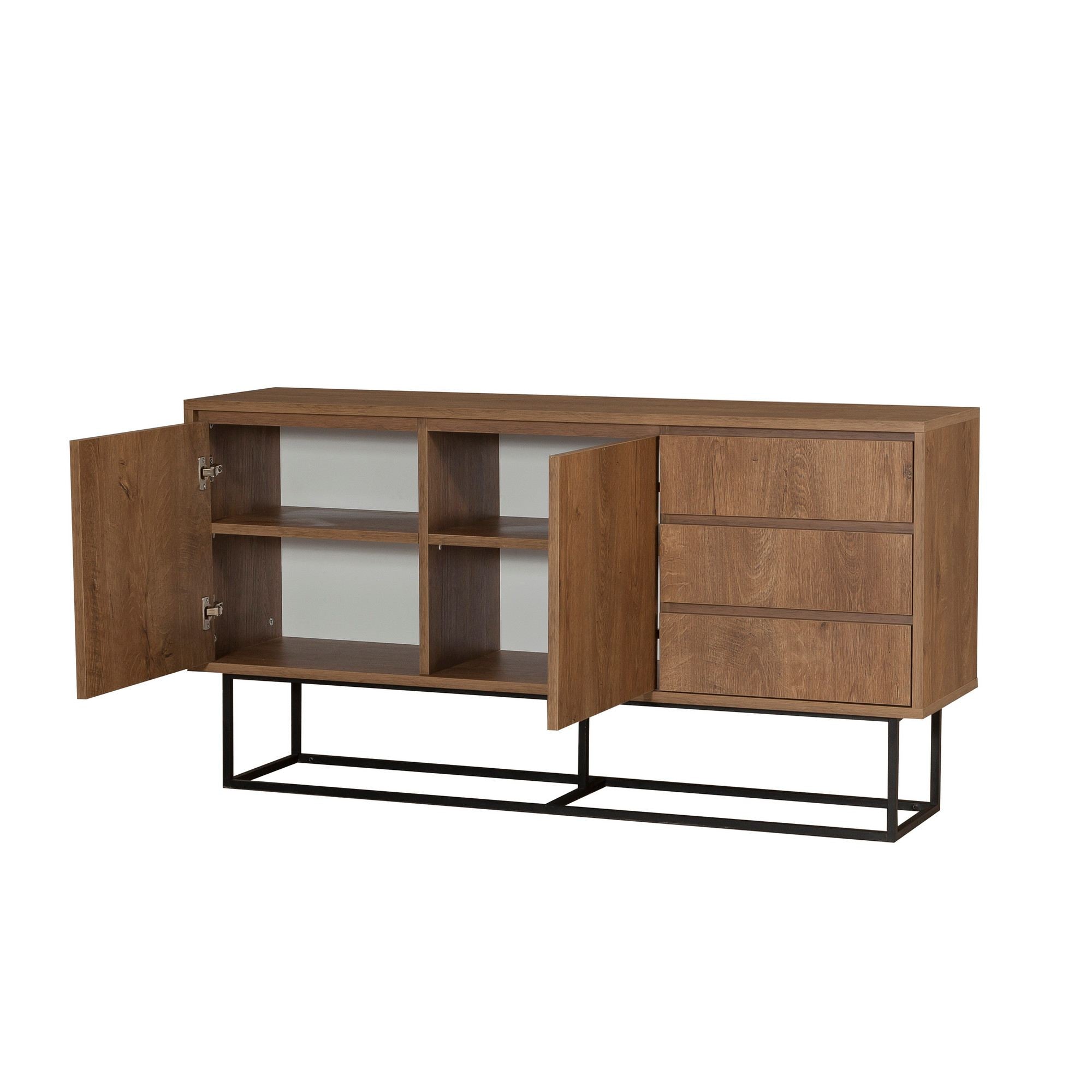 Aparador Moderno com 3 Gavetas e Prateleiras – 140 x 72 x 36 cm – Nogueira e Preto – Melamina e Metal