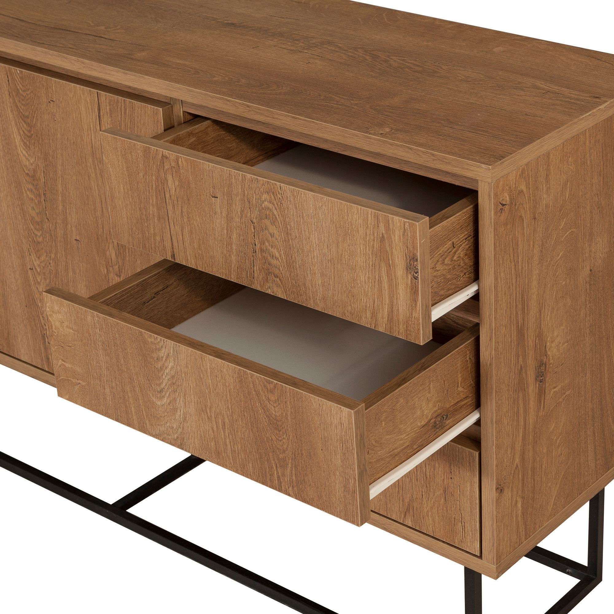 Aparador Moderno com 3 Gavetas e Prateleiras – 140 x 72 x 36 cm – Nogueira e Preto – Melamina e Metal