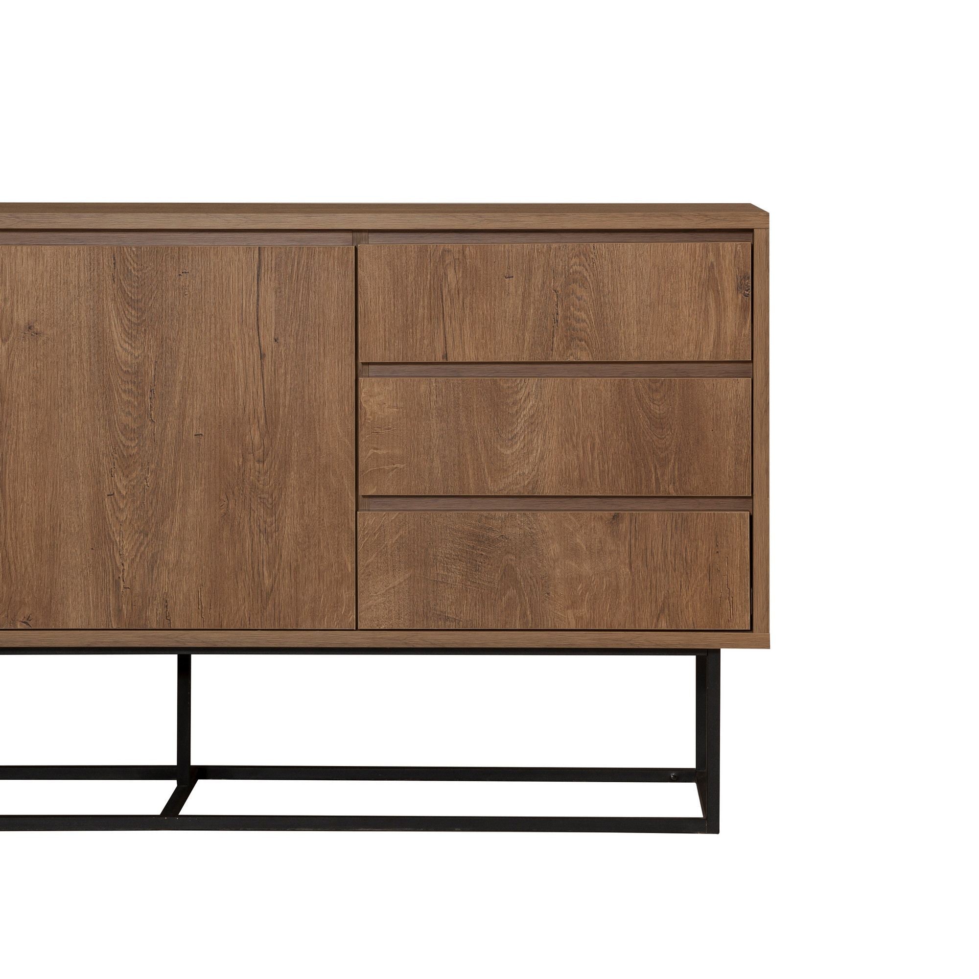 Aparador Moderno com 3 Gavetas e Prateleiras – 140 x 72 x 36 cm – Nogueira e Preto – Melamina e Metal