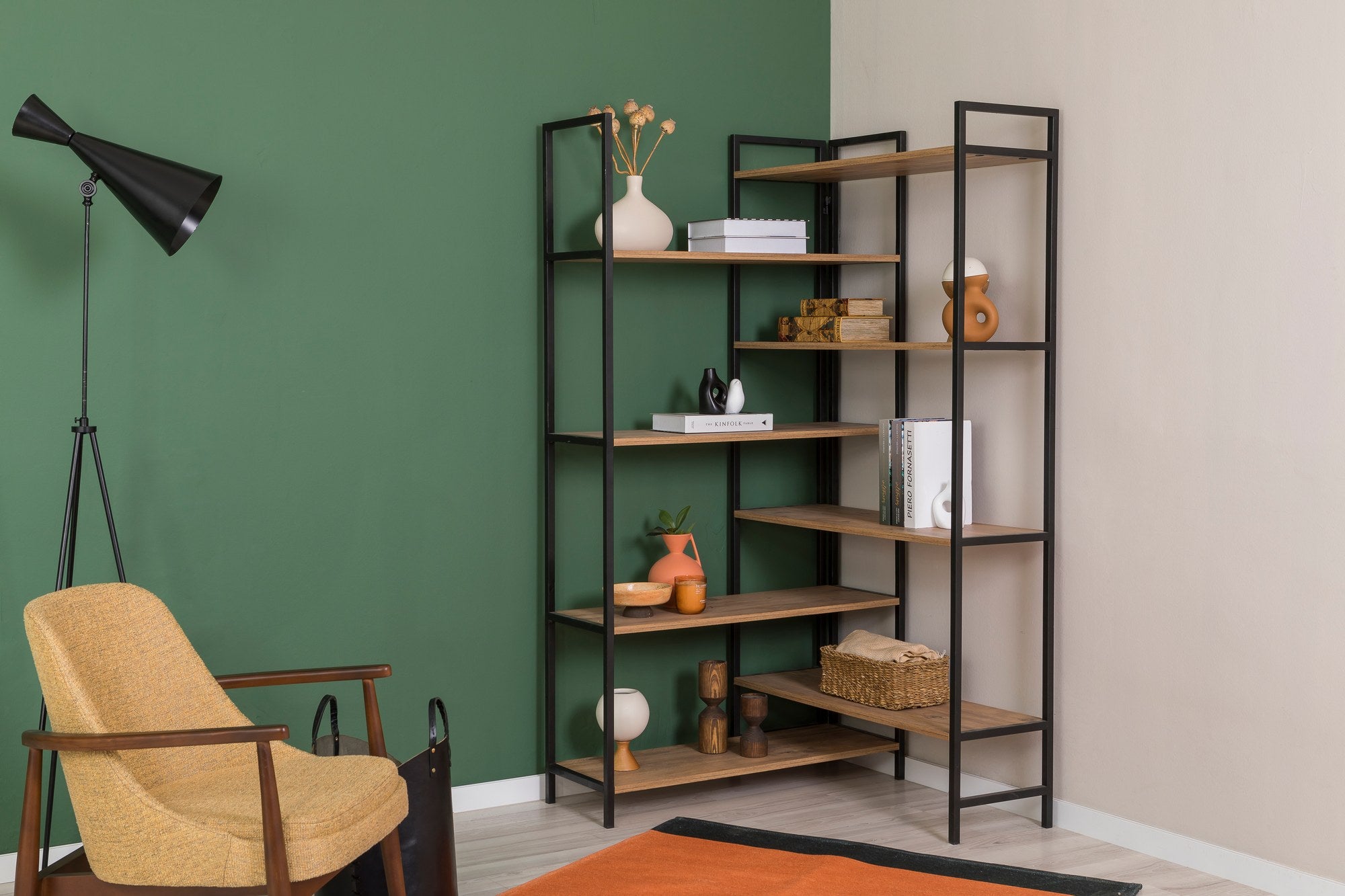 Estante elegante de metal e painel de partículas – 94 x 177 x 94 cm – Pinho Atlântico e Preto