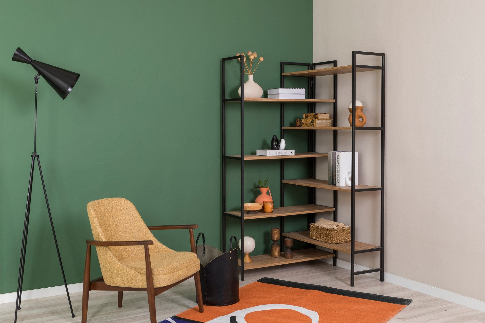 Estante elegante de metal e painel de partículas – 94 x 177 x 94 cm – Pinho Atlântico e Preto