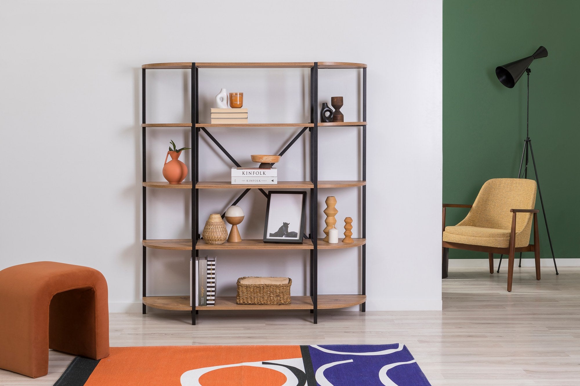 Estante de livros – 139 x 155 x 34 cm – Pinho Atlântico e Preto – Painel de partículas revestido a melamina