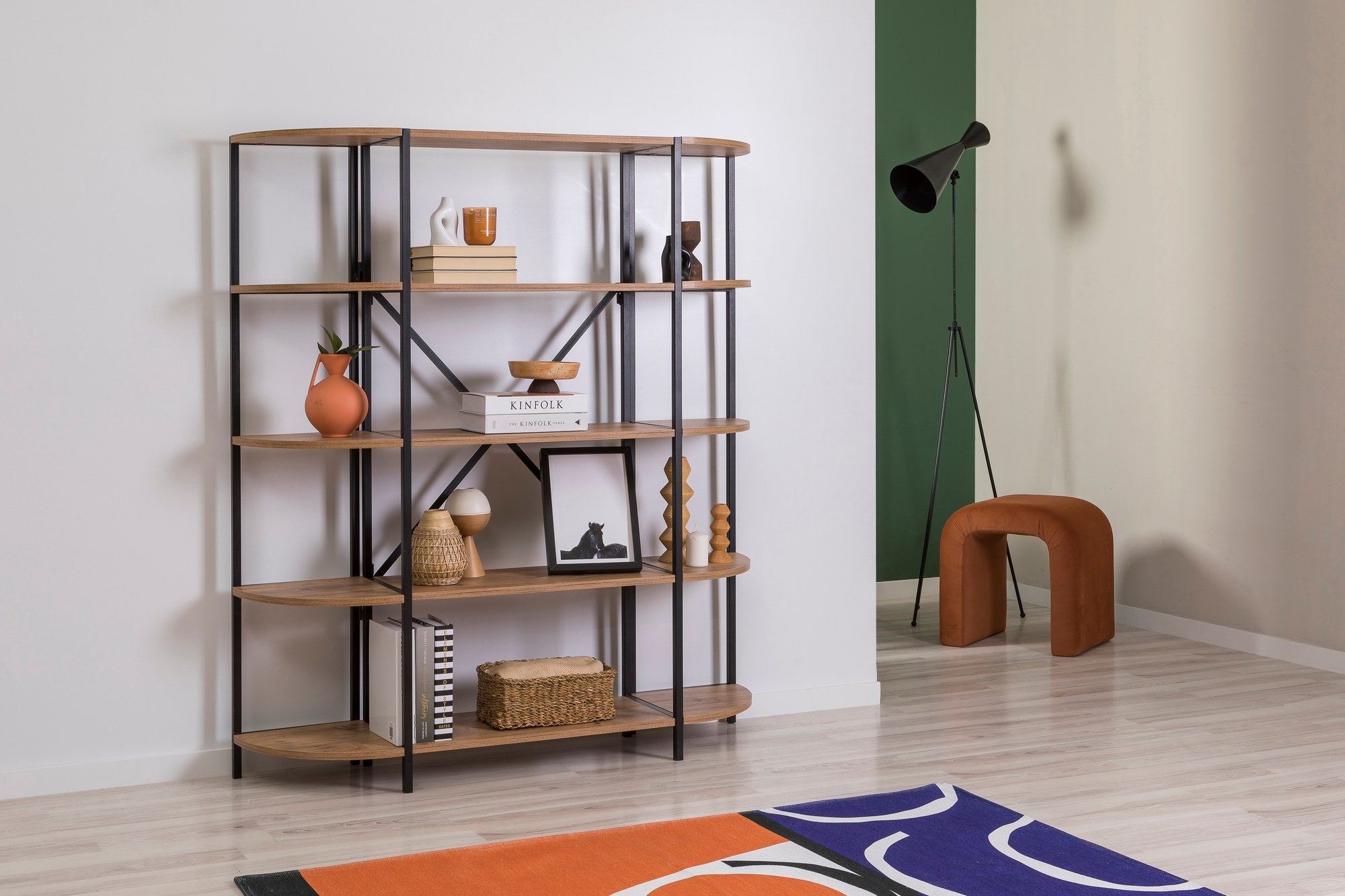 Estante de livros – 139 x 155 x 34 cm – Pinho Atlântico e Preto – Painel de partículas revestido a melamina