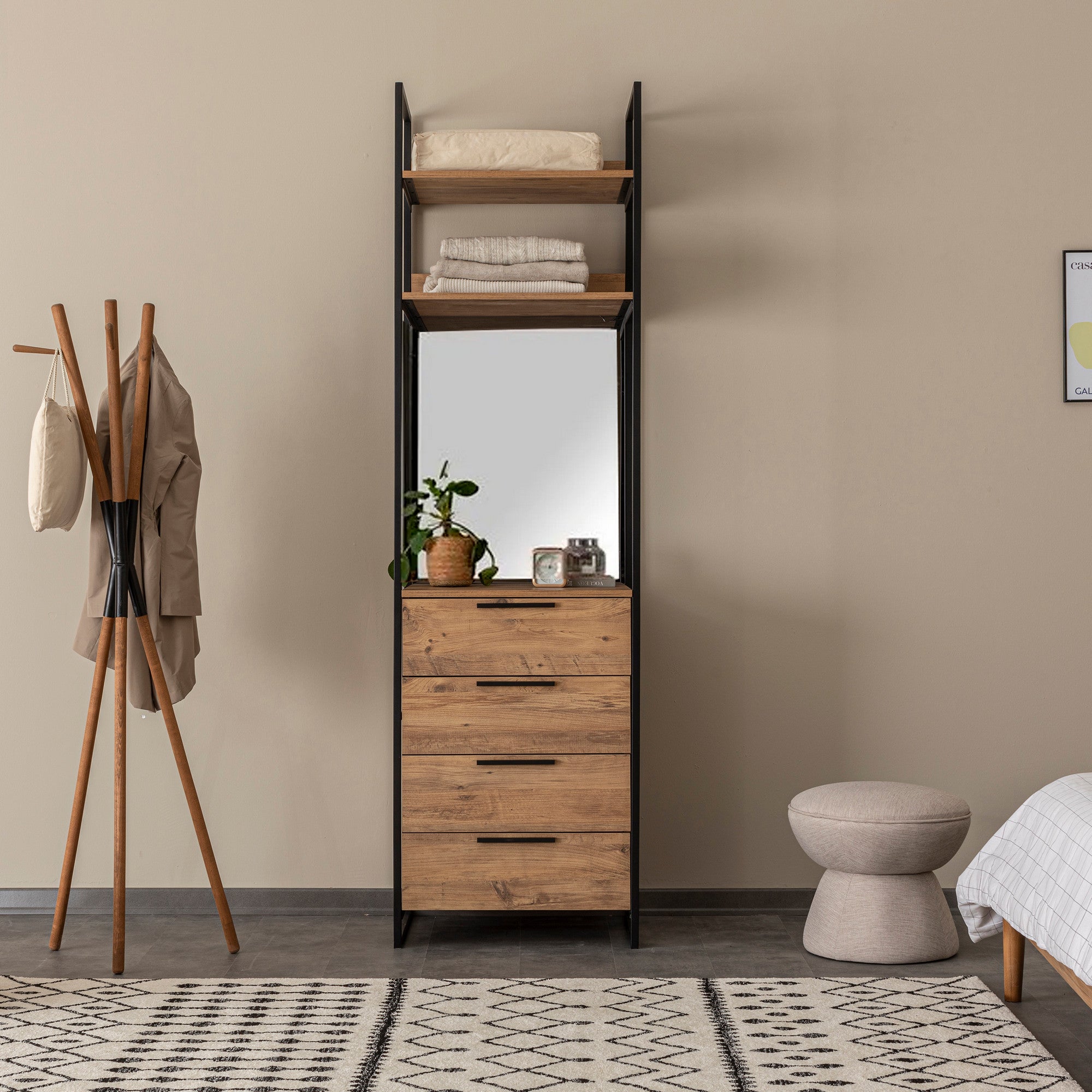 Conjunto de guarda-roupa moderno (3 peças), pinho do Atlântico, 64 x 225 x 52 cm | 100% revestido em melamina, bordas em PVC, pés de metal | 4 gavetas, fixável na parede, solução de armazenamento elegante