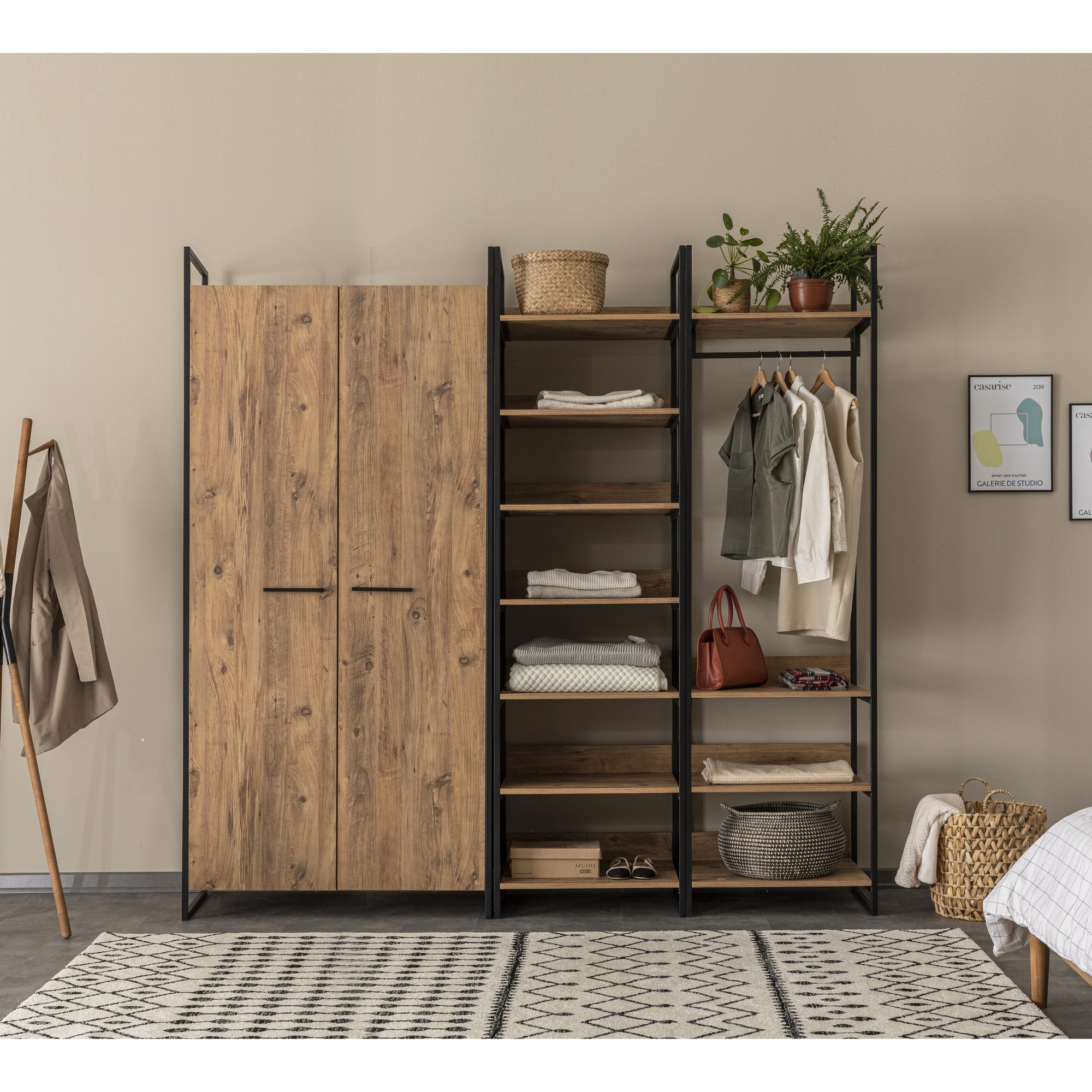 Conjunto de guarda-roupa moderno (3 peças), pinho atlântico, 104 x 225 x 52 cm | 100% revestido em melamina, bordas em PVC, pés de metal | Armazenamento elegante com gavetas e prateleiras