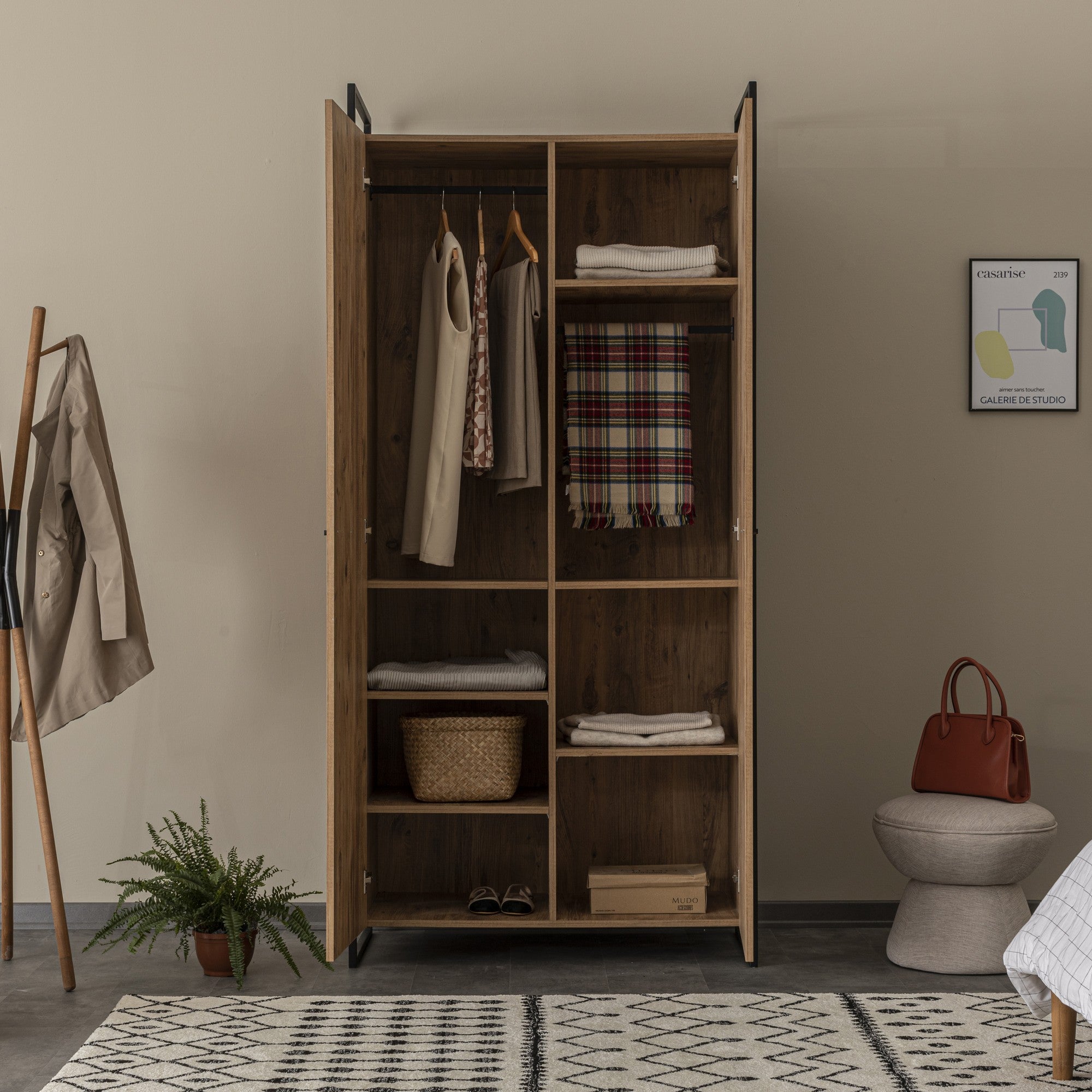 Conjunto de guarda-roupa moderno (3 peças), pinho atlântico, 104 x 225 x 52 cm | 100% revestido em melamina, bordas em PVC, pés de metal | Armazenamento elegante com gavetas e prateleiras