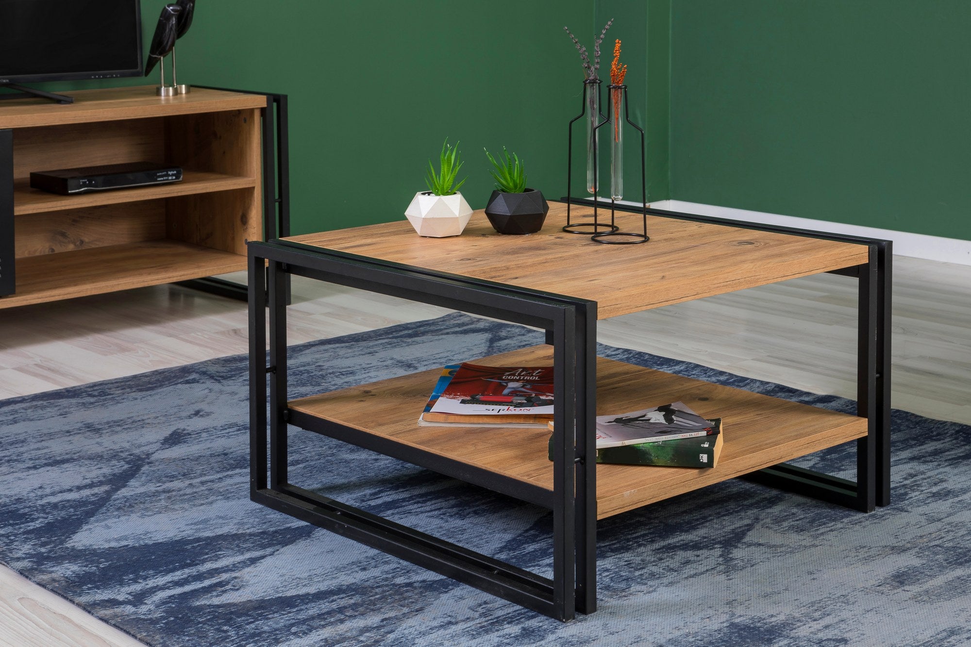 Conjunto de móveis elegantes para sala de estar, pinho atlântico e preto, aglomerado 100% revestido em melamina, pés de metal | Móvel de TV 130x50x45 cm, Mesa de centro 70x40x70 cm | Design moderno e durável