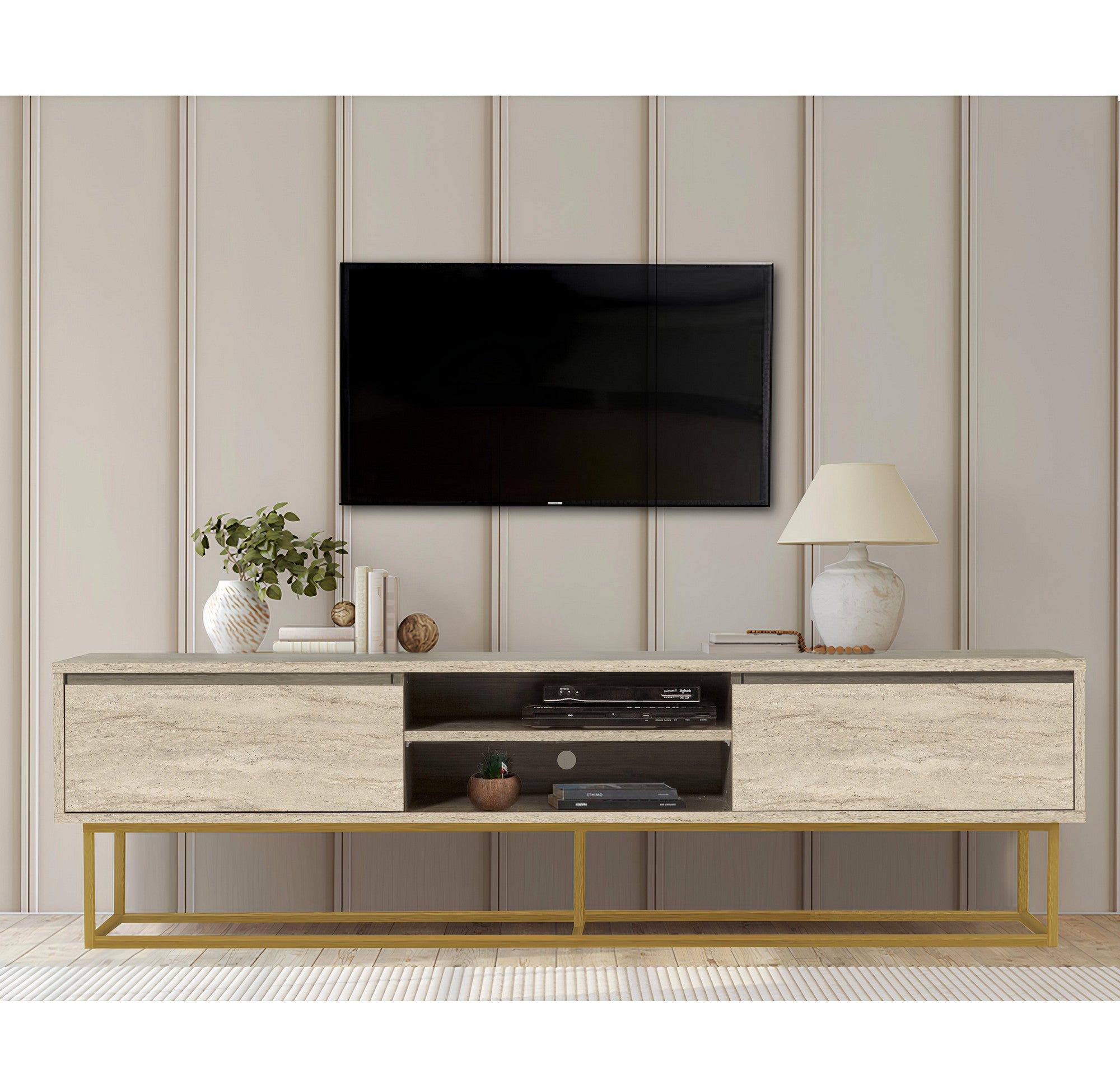 Móvel de TV – 180 x 50 x 40 cm – Travertino – MDF e Metal
