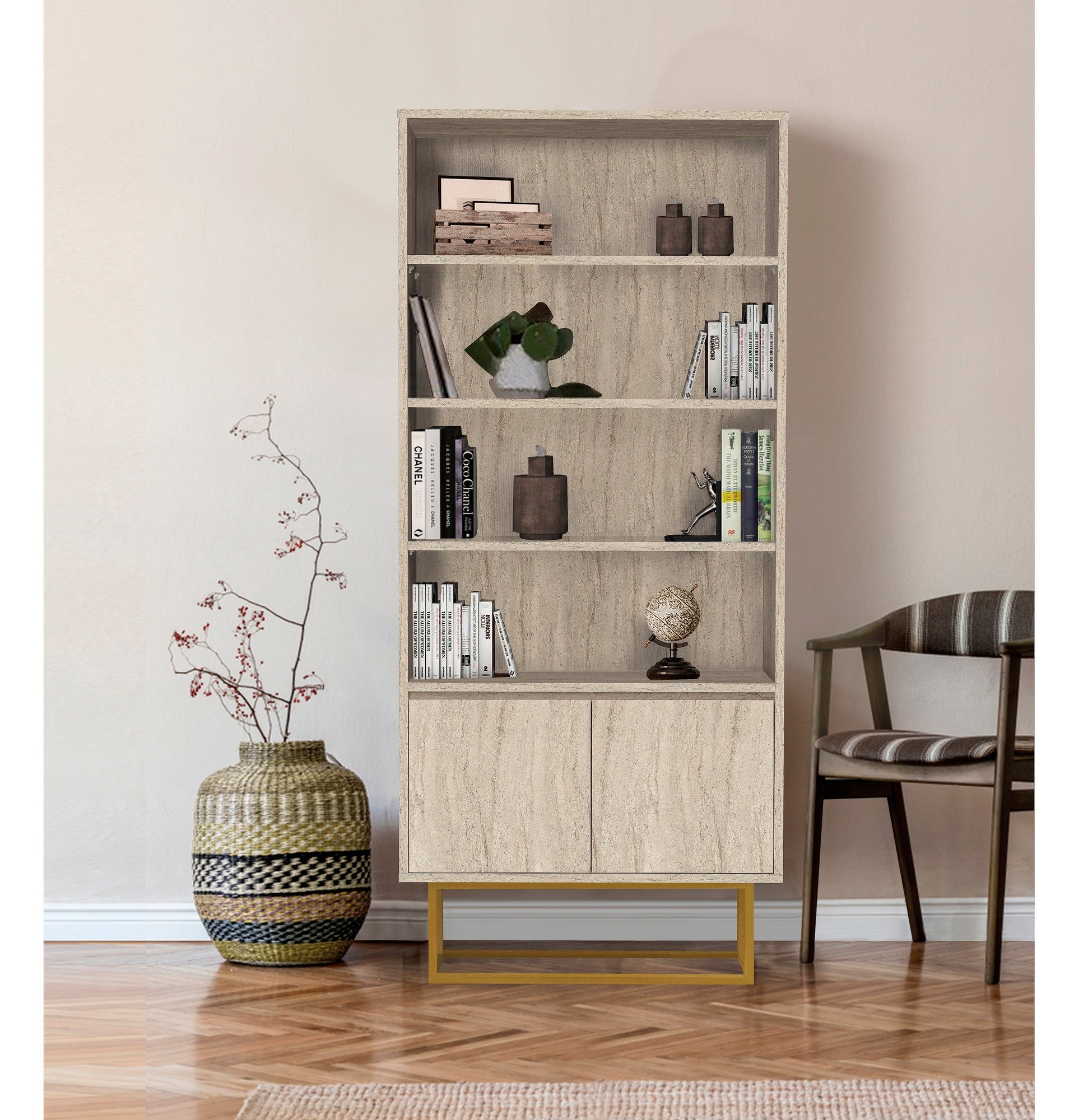 Estante – 80 x 182 x 36 cm – Travertino – 100% revestida em melamina com pés de metal