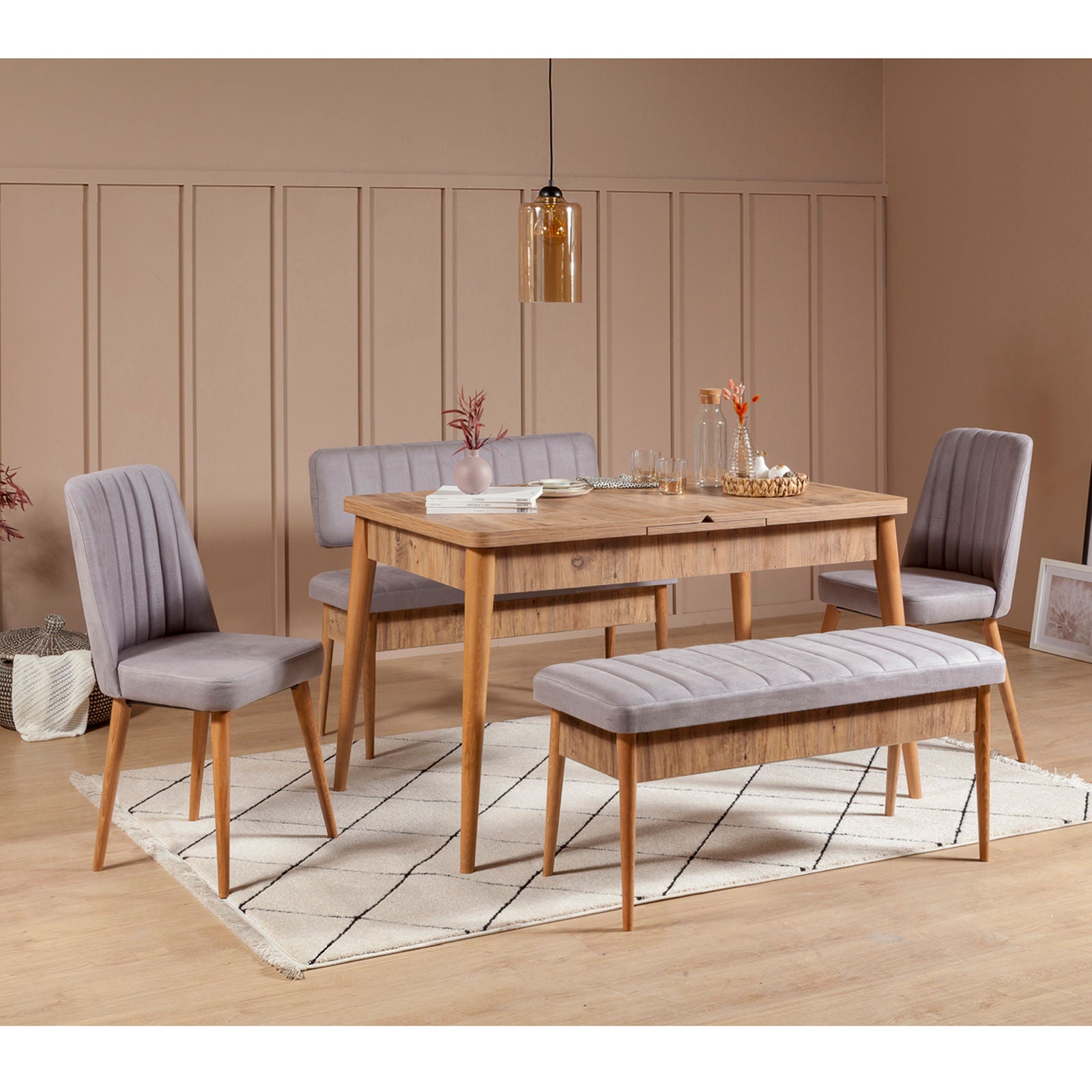 Conjunto de mesa de jantar extensível e cadeiras – 130-165 cm – Pinho Atlântico e Soho – 100% Veludo e madeira de carpa