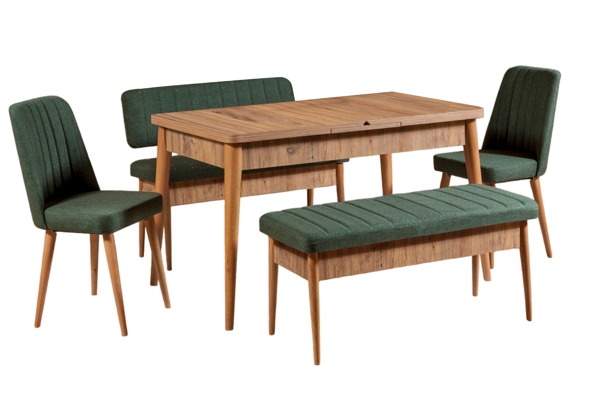 Conjunto de mesa de jantar extensível e cadeiras – L130 x A77 x P80 cm – Pinheiro do Atlântico e Verde – MDF revestido em melamina