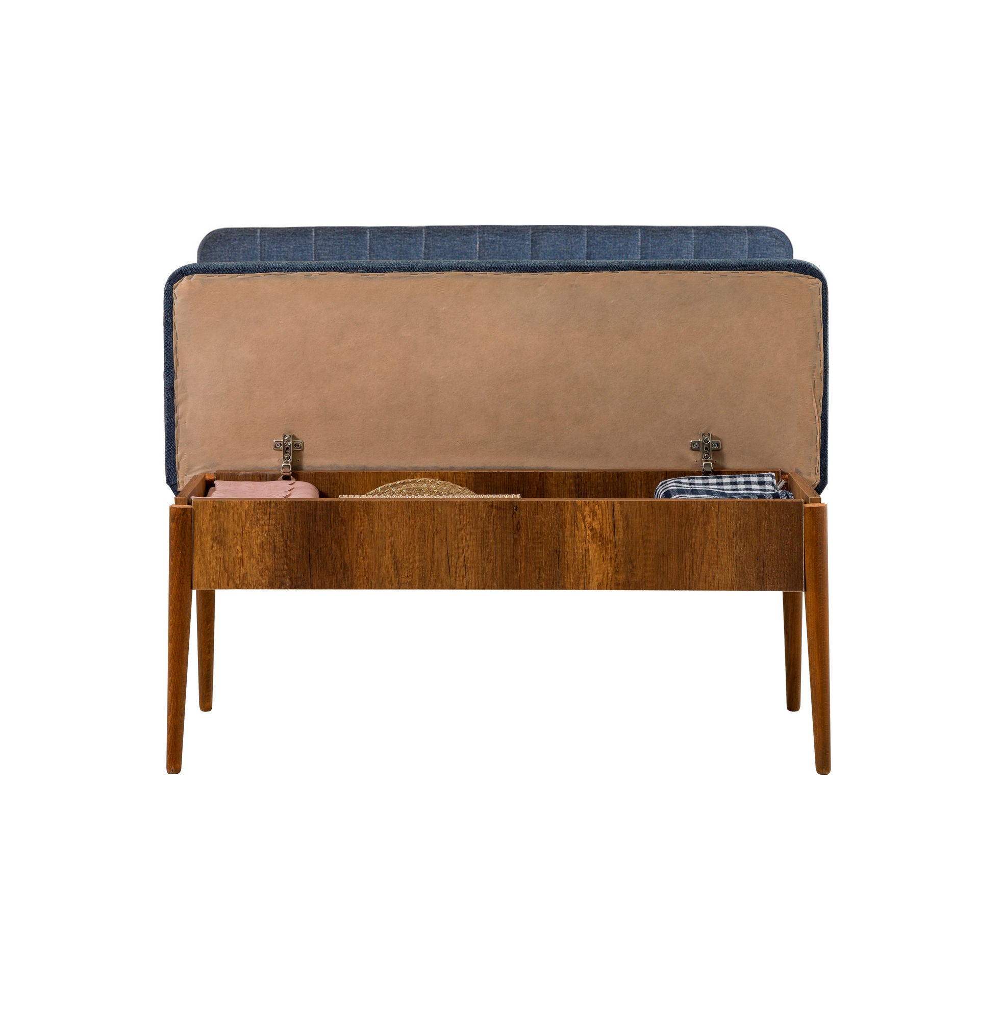 Conjunto de mesa de jantar extensível e cadeiras – 130-165 cm – nogueira e azul-escuro – 100% melamina, tecido de linho, pernas de madeira de carpa
