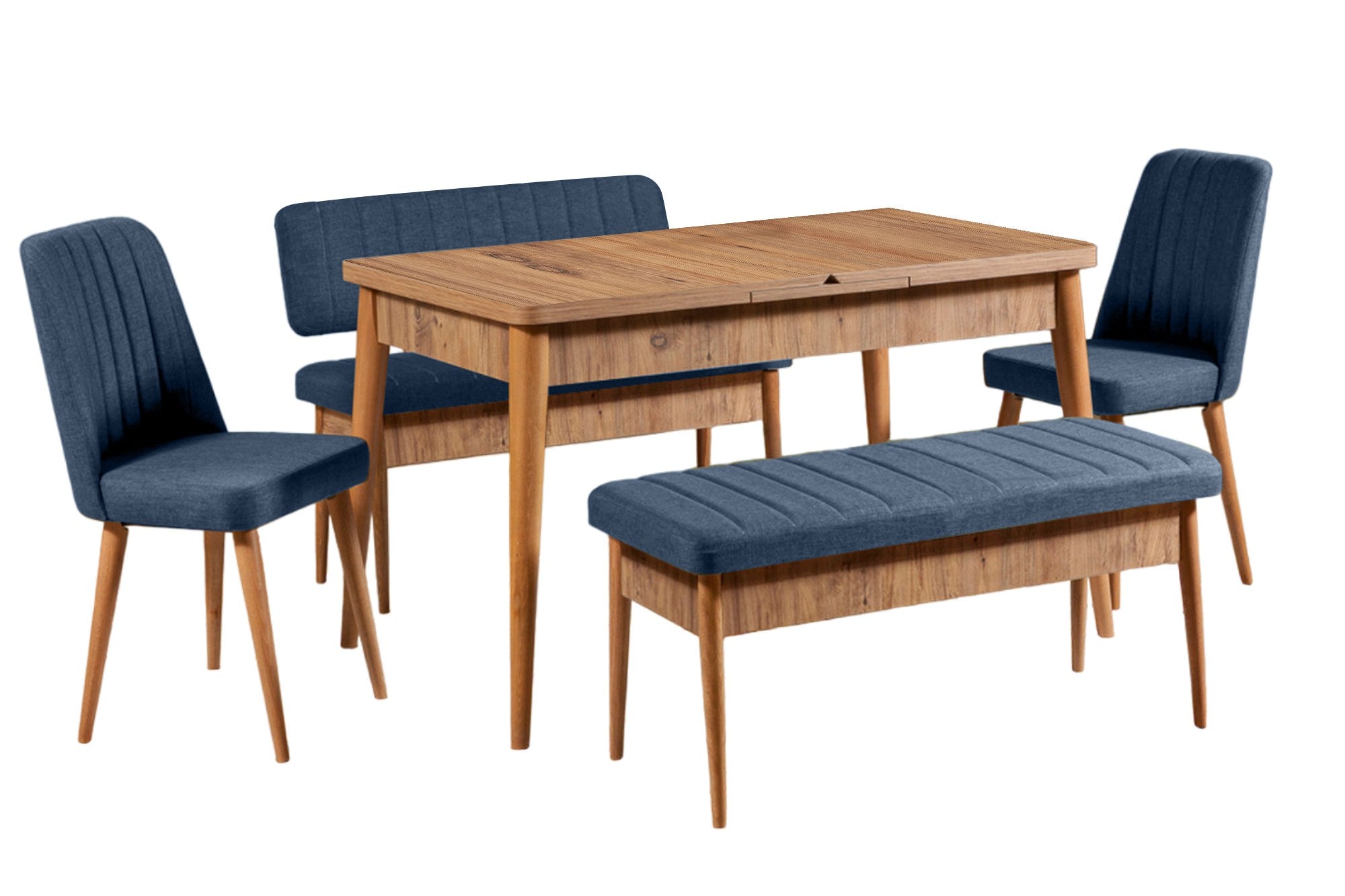 Conjunto de mesa de jantar extensível e cadeiras – 130-165 cm – nogueira e azul-escuro – 100% melamina, tecido de linho, pernas de madeira de carpa