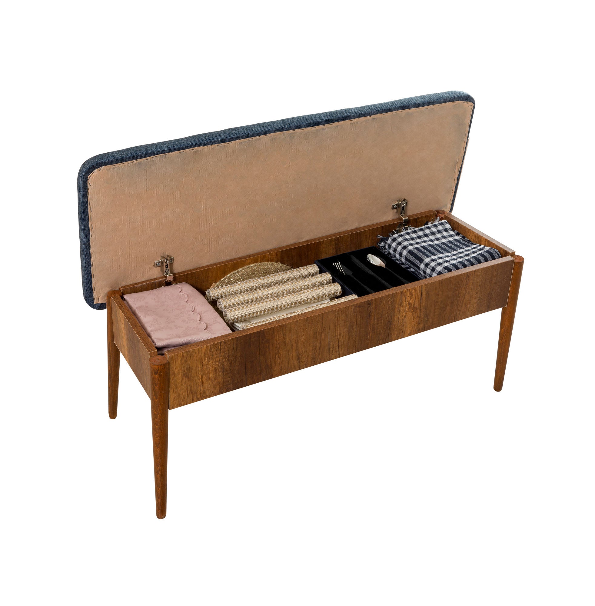Conjunto de mesa de jantar extensível e cadeiras – 130-165 cm – nogueira e azul-escuro – 100% melamina, tecido de linho, pernas de madeira de carpa