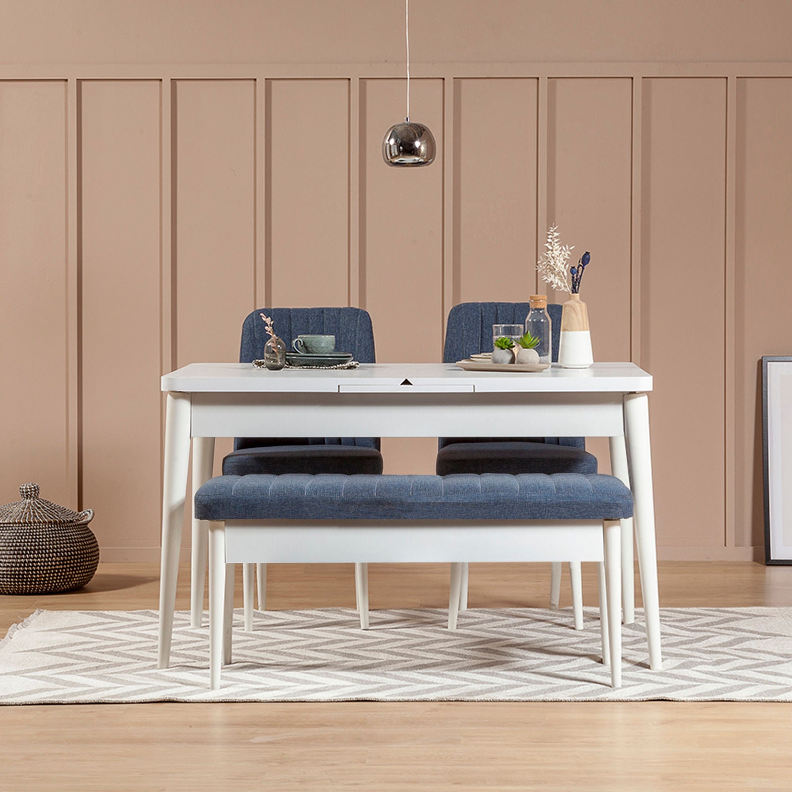Conjunto de Mesa de Jantar Extensível e Cadeiras (4 peças) – 129cm x 75cm x 80cm – Branco e Azul Escuro – Aglomerado revestido de melamina e pernas de madeira de faia