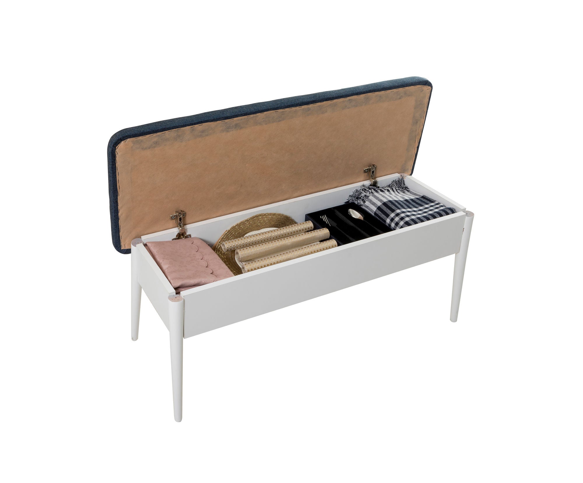 Conjunto de Mesa de Jantar Extensível e Cadeiras (4 peças) – 129cm x 75cm x 80cm – Branco e Azul Escuro – Aglomerado revestido de melamina e pernas de madeira de faia