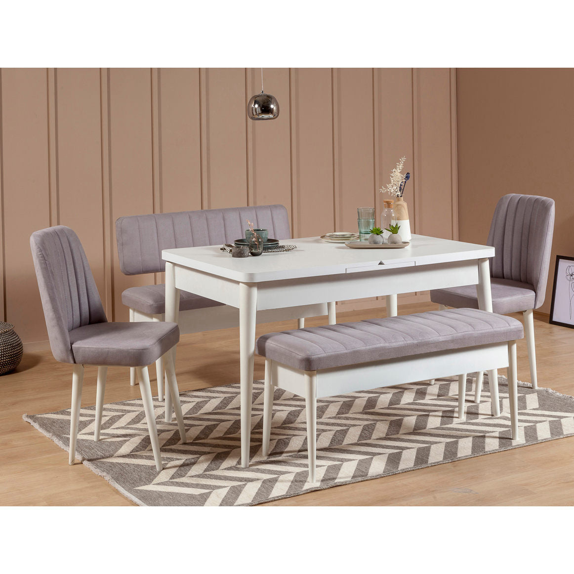 Conjunto de Mesa de Jantar Extensível e Cadeiras (5 peças) – 130 cm x 80 cm x 77 cm – branco e veludo – aglomerado revestido de melamina