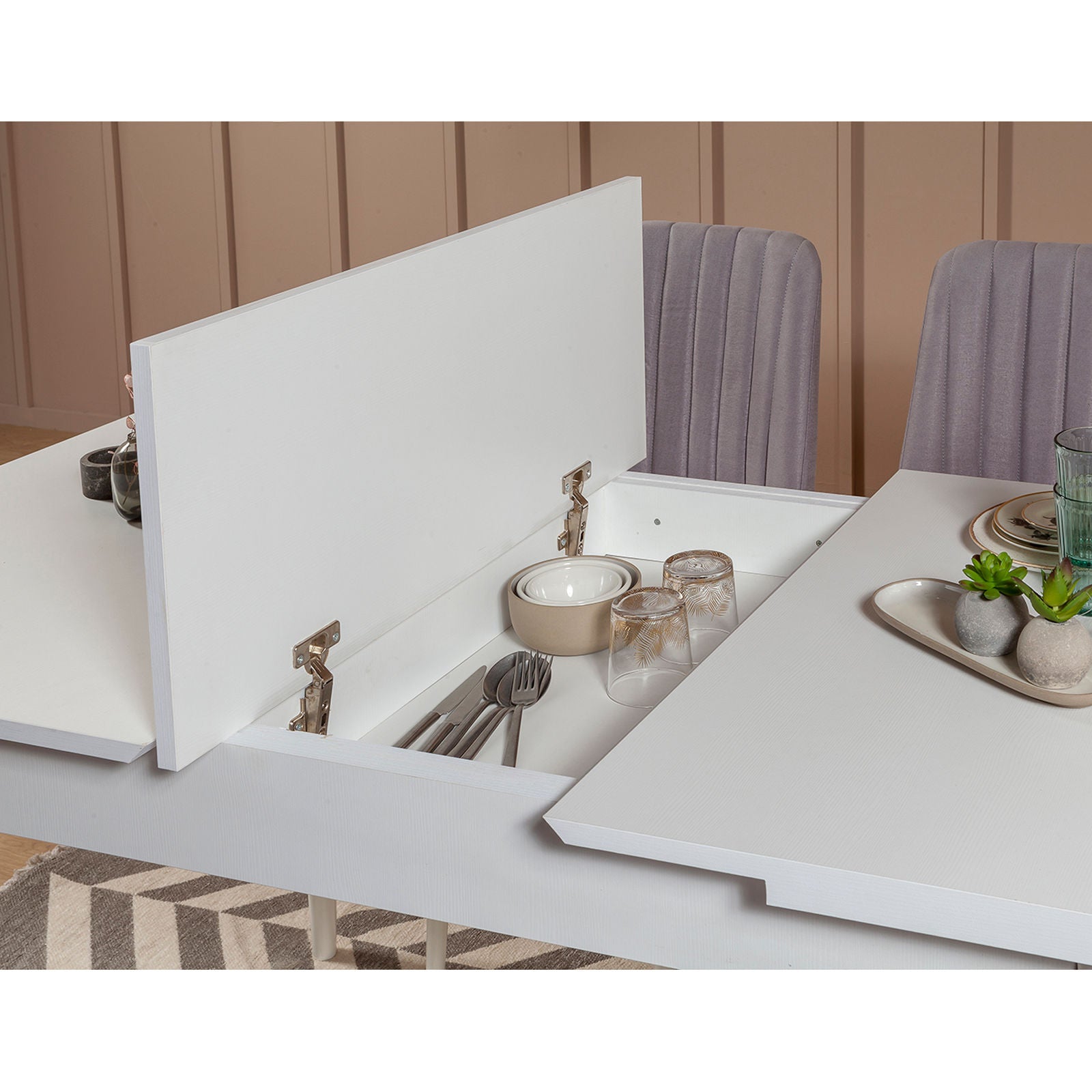 Conjunto de Mesa de Jantar Extensível e Cadeiras (5 peças) – 130 cm x 80 cm x 77 cm – branco e veludo – aglomerado revestido de melamina