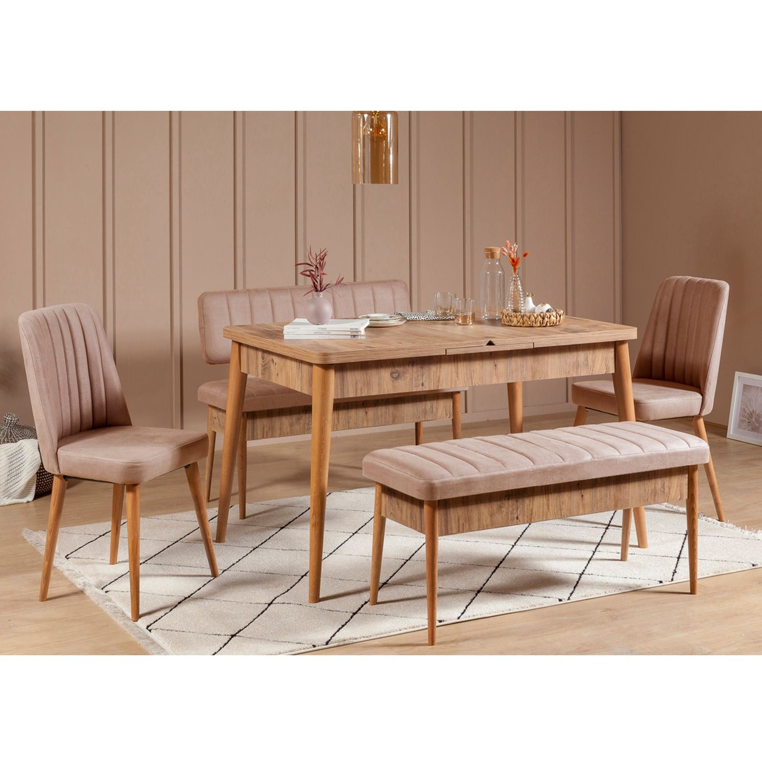 Conjunto de Mesa de Jantar Extensível e Cadeiras – 130-165 cm – Pinheiro Atlântico e Pedra – MDF revestido em melamina e veludo