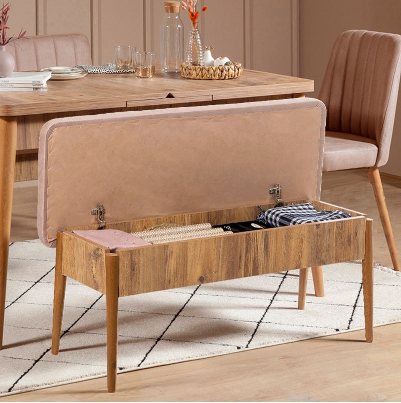 Conjunto de Mesa de Jantar Extensível e Cadeiras – 130-165 cm – Pinheiro Atlântico e Pedra – MDF revestido em melamina e veludo