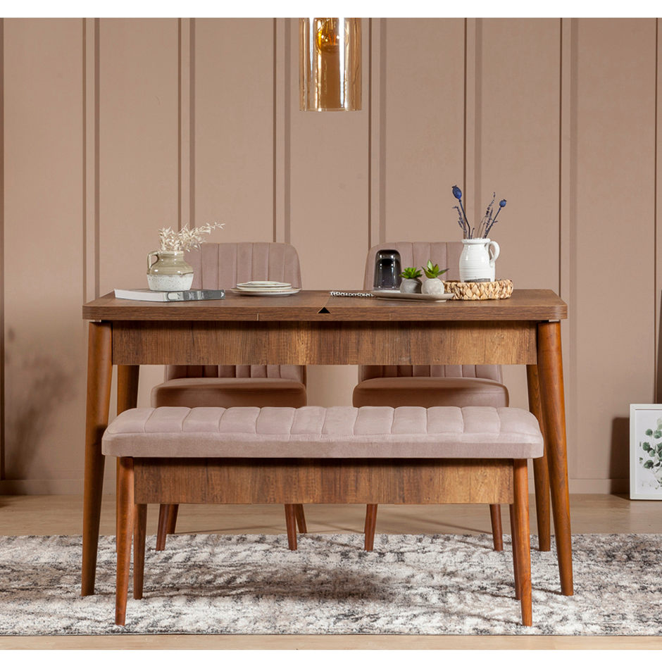Conjunto de Mesa de Jantar Extensível e Cadeiras – 130-165 cm – Nogueira e Pedra – MDF e Veludo