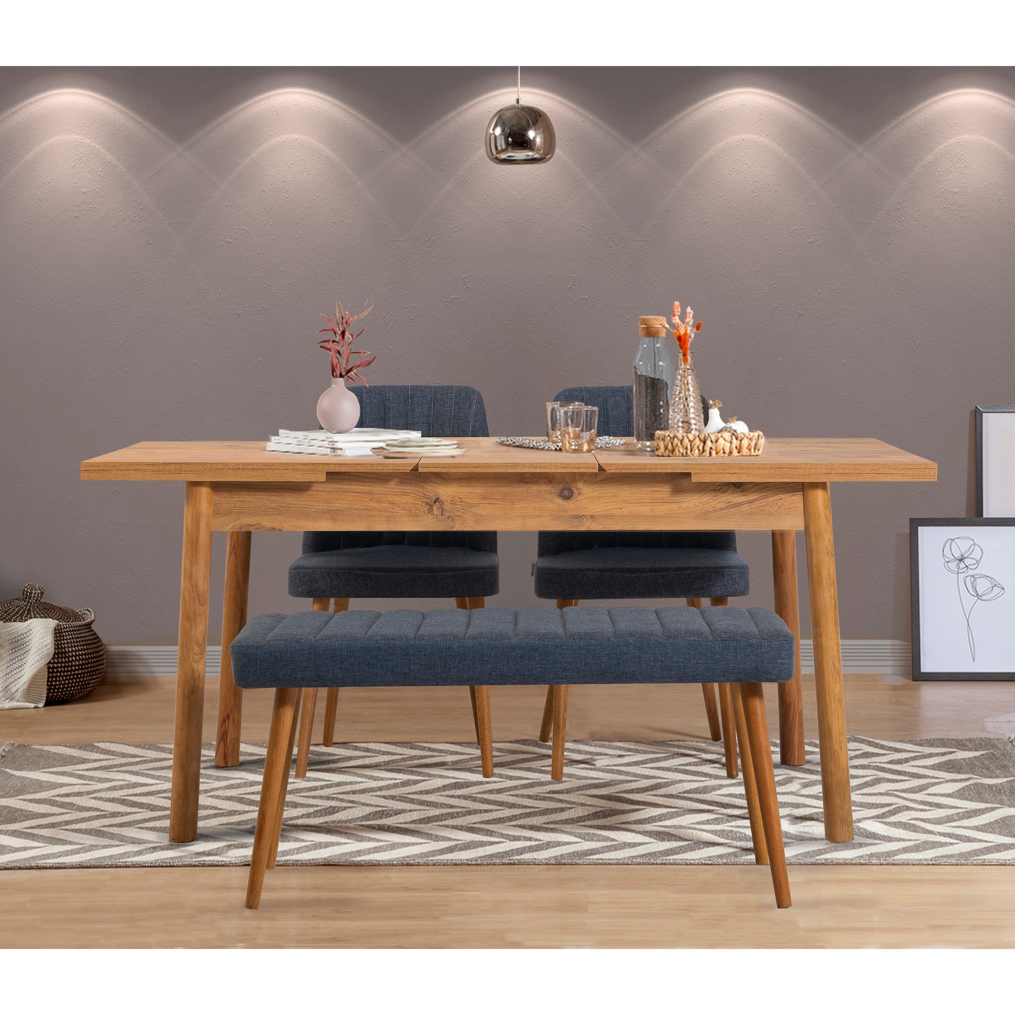 Conjunto de mesa de jantar extensível e cadeiras (4 peças) – 120 cm x 77 cm x 75 cm – Pinho Atlântico e Azul-marinho – Melamina