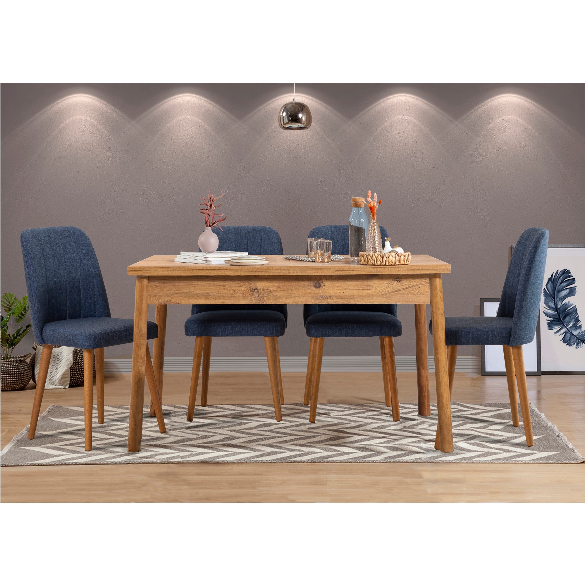 Conjunto de mesa e cadeiras – 120 cm x 75 cm x 77 cm – Pinho Atlântico e Azul-marinho – Melamina e Madeira