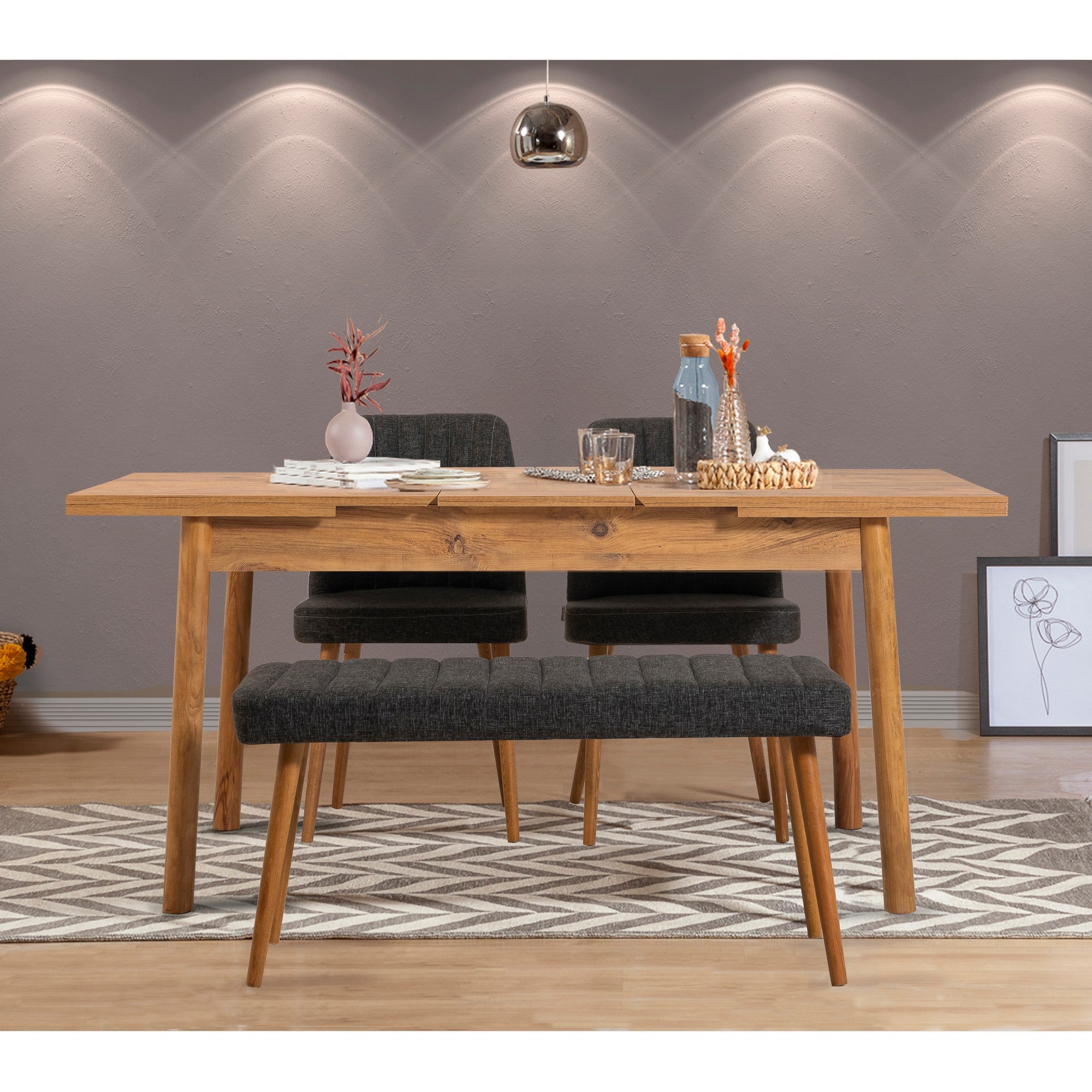 Conjunto de mesa de jantar extensível e cadeiras (4 peças) – 120 cm a 153 cm – Pinheiro atlântico e antracite – Melamina