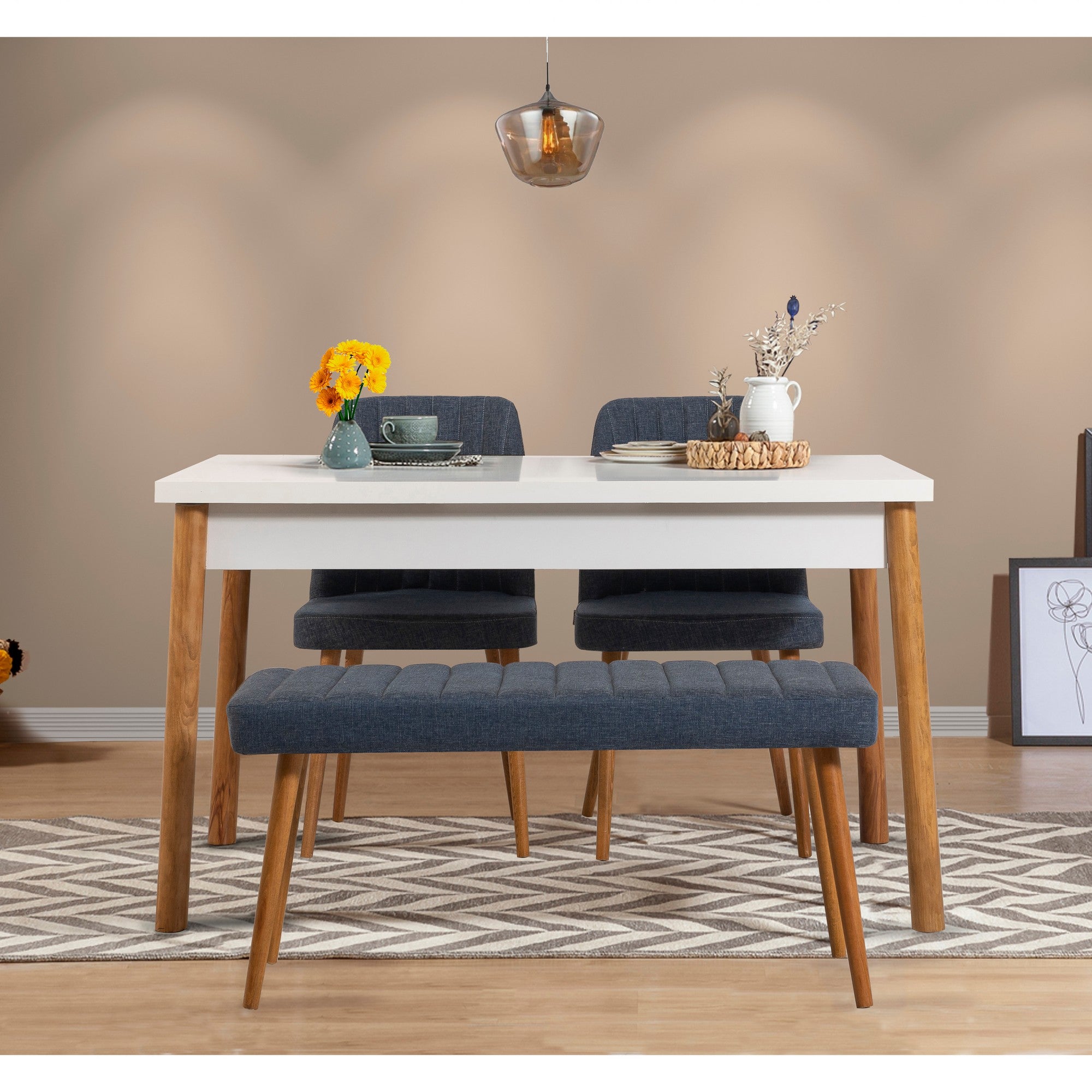 Conjunto de mesa e cadeiras – 120 cm x 77 cm x 75 cm – azul-marinho e pinho atlântico – melamina e madeira