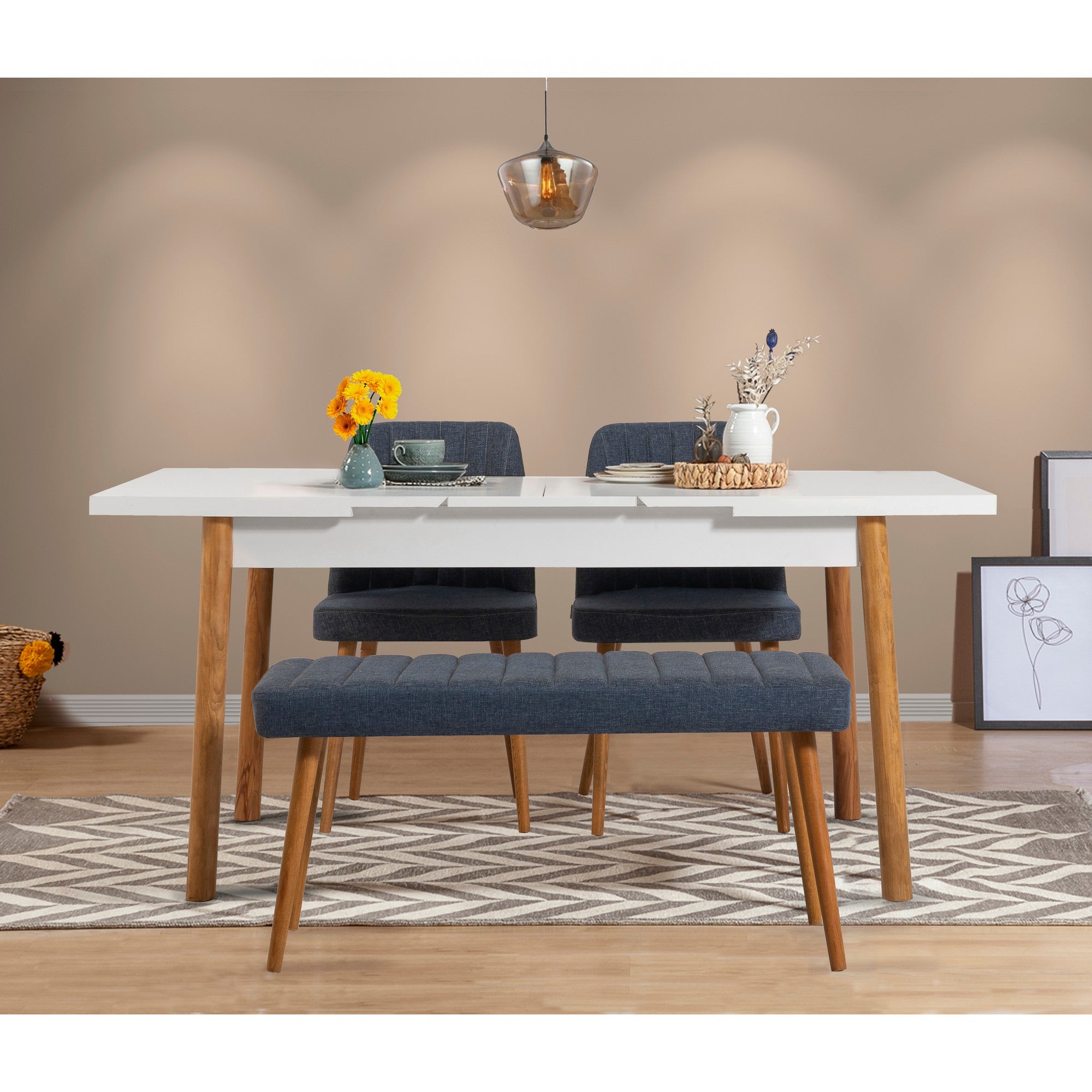 Conjunto de mesa de jantar extensível e cadeiras – 120 cm a 153 cm – azul-marinho e pinho atlântico – 100% melamina