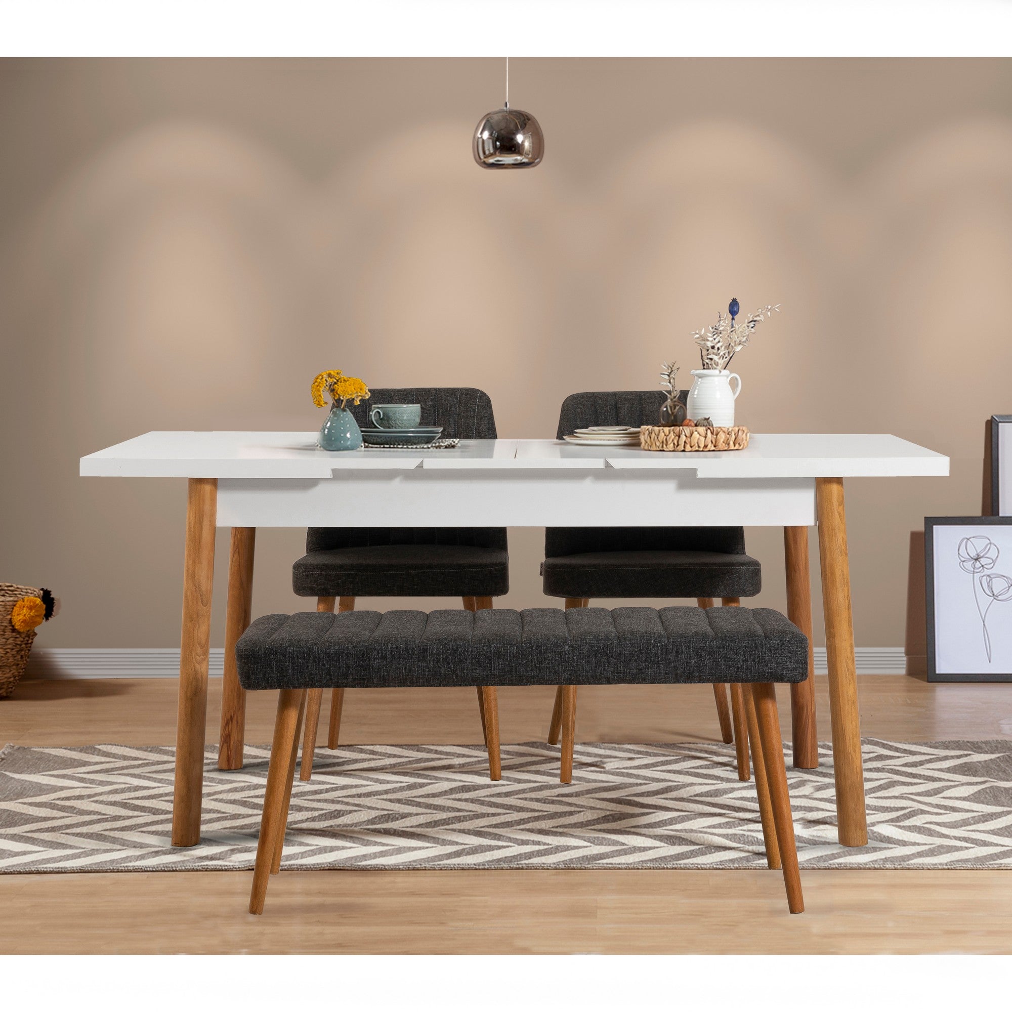 Conjunto de mesa de jantar extensível e cadeiras – 120x75 cm (fechada) – Pinho Atlântico e branco – 100% revestido em melamina