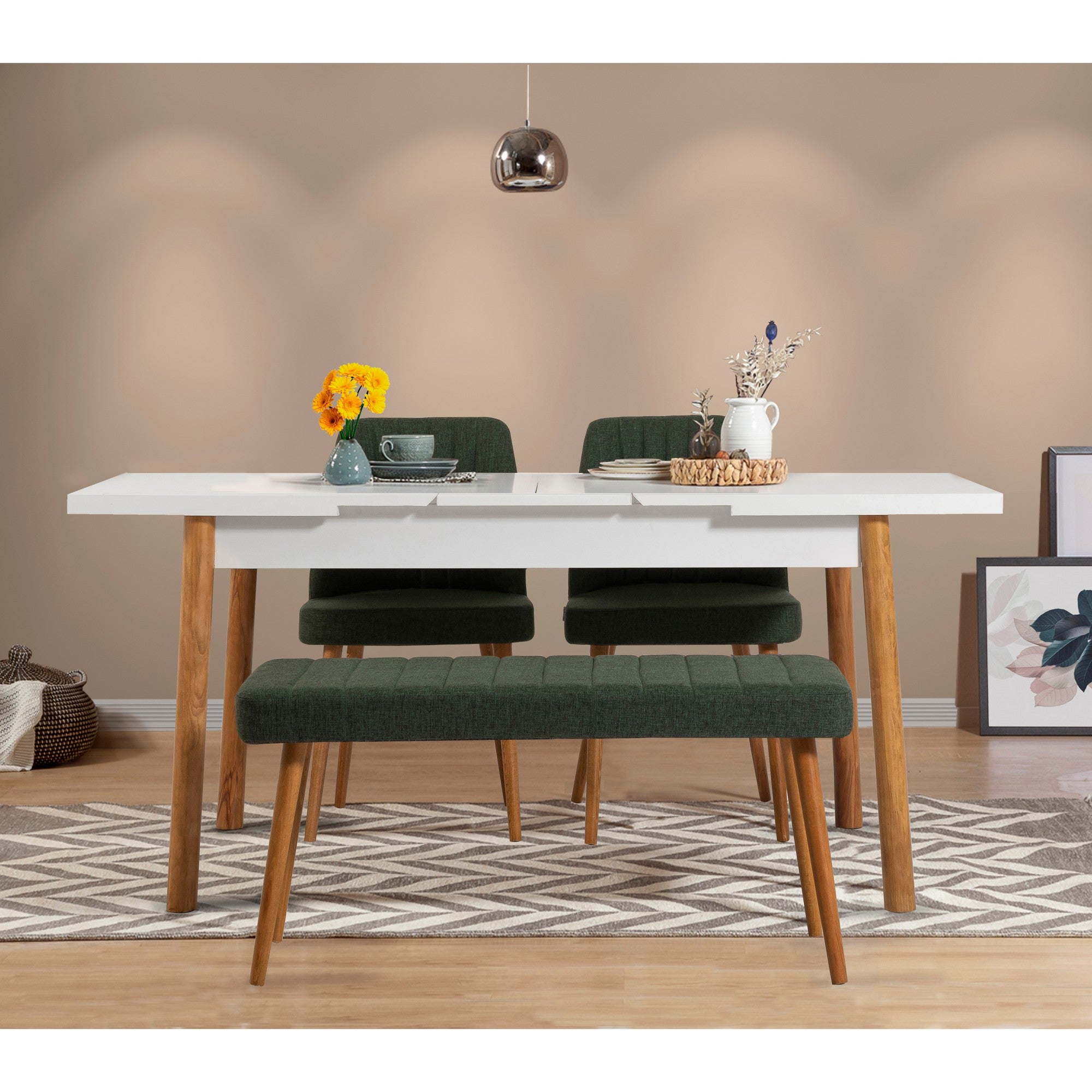 Conjunto de mesa de jantar extensível e cadeiras escandinavas (4 peças) – 120 cm a 153 cm de largura – Pinho Atlântico, Branco e Verde – 100% revestido em melamina