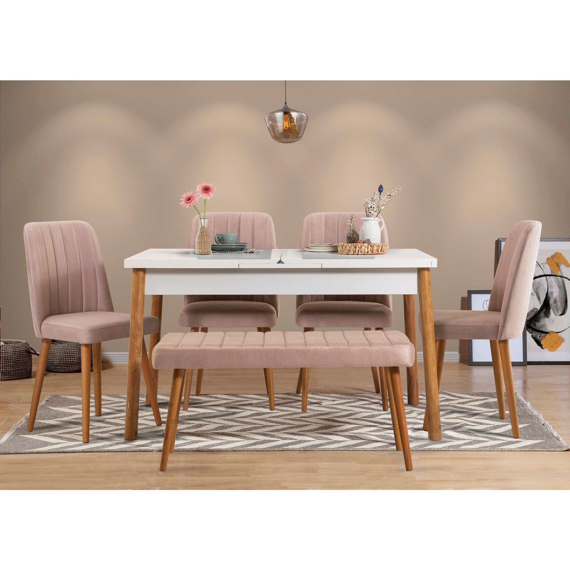 Conjunto de mesa de jantar extensível e cadeiras escandinavas (6 peças) – 120 cm a 153 cm x 75 cm – Pinho Atlântico e branco – 100% melamina, espuma de veludo, estrutura de metal