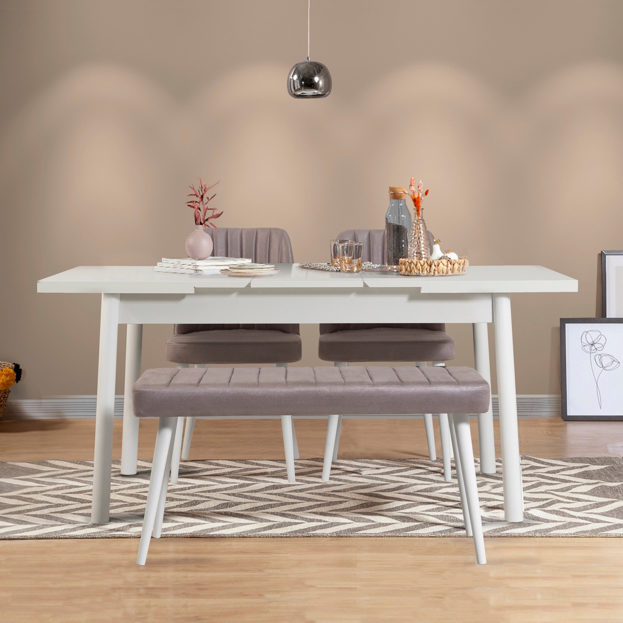 Conjunto de Mesa de Jantar Extensível e Cadeiras – 120x75 cm – Branco e Cinza – 100% melamina, metal e espuma de veludo